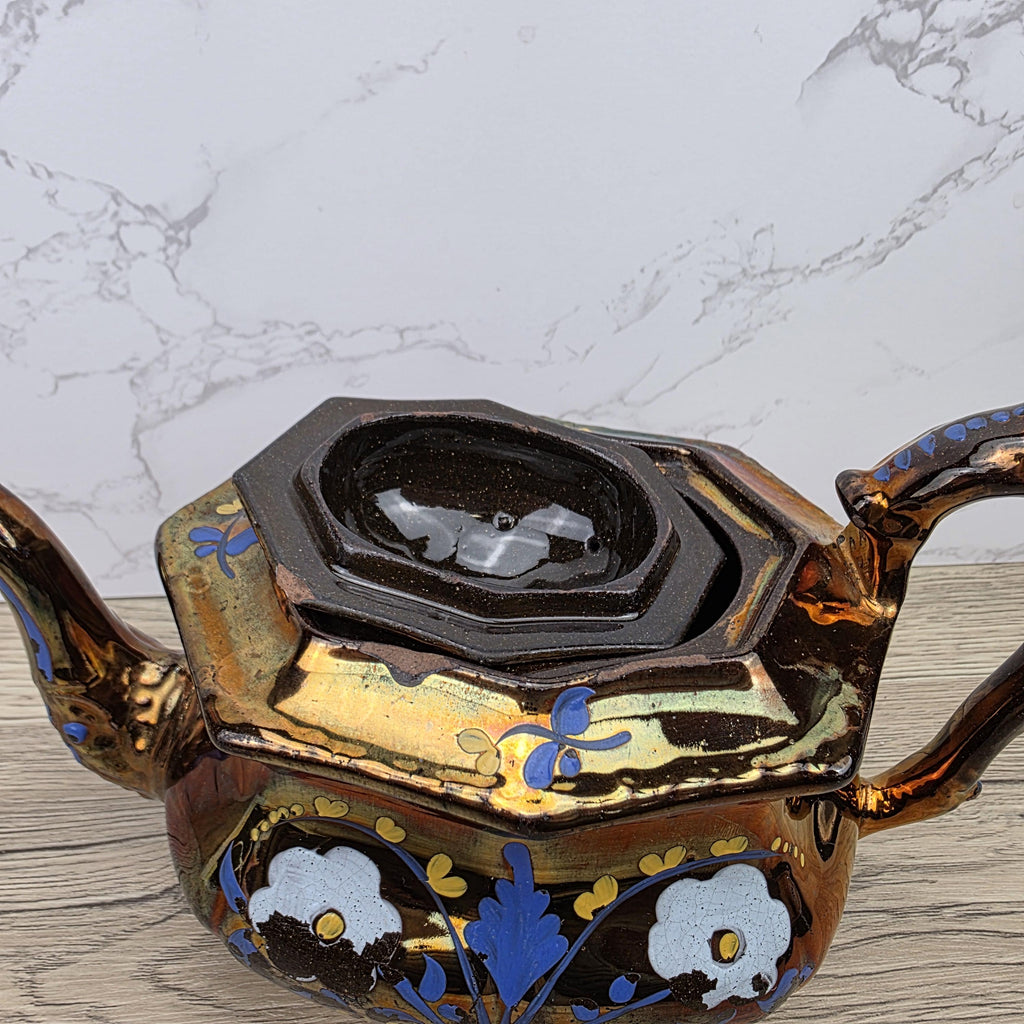Copper Lustre Octagonal Ceramic Teapot with Lid Hand Painted Blue Floral Pattern Vintage Serveware