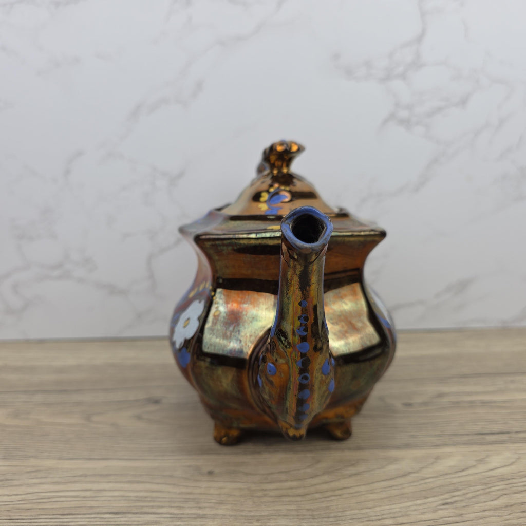 Copper Lustre Octagonal Ceramic Teapot with Lid Hand Painted Blue Floral Pattern Vintage Serveware