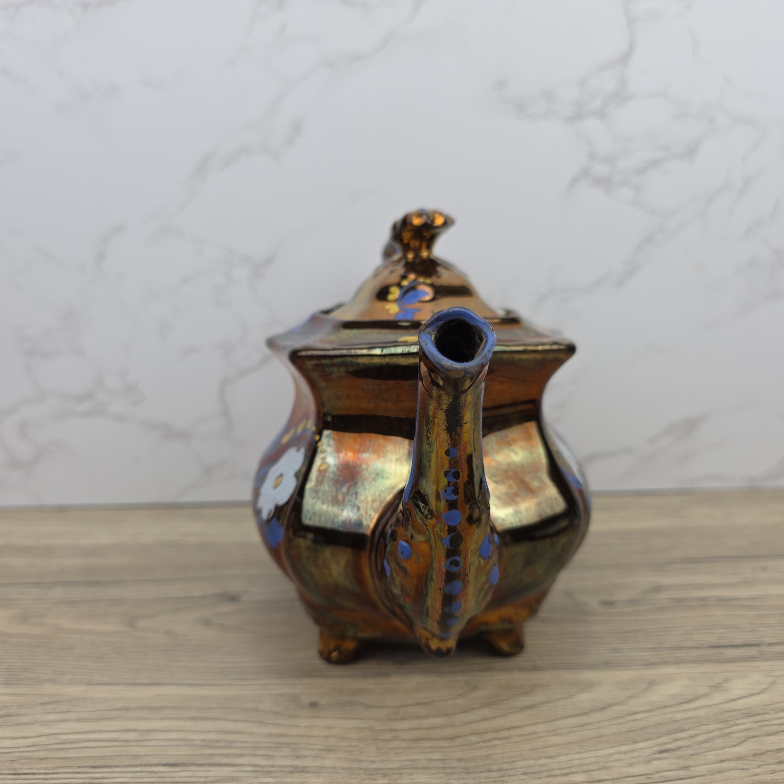 Copper Lustre Octagonal Ceramic Teapot with Lid Hand Painted Blue Floral Pattern Vintage Serveware