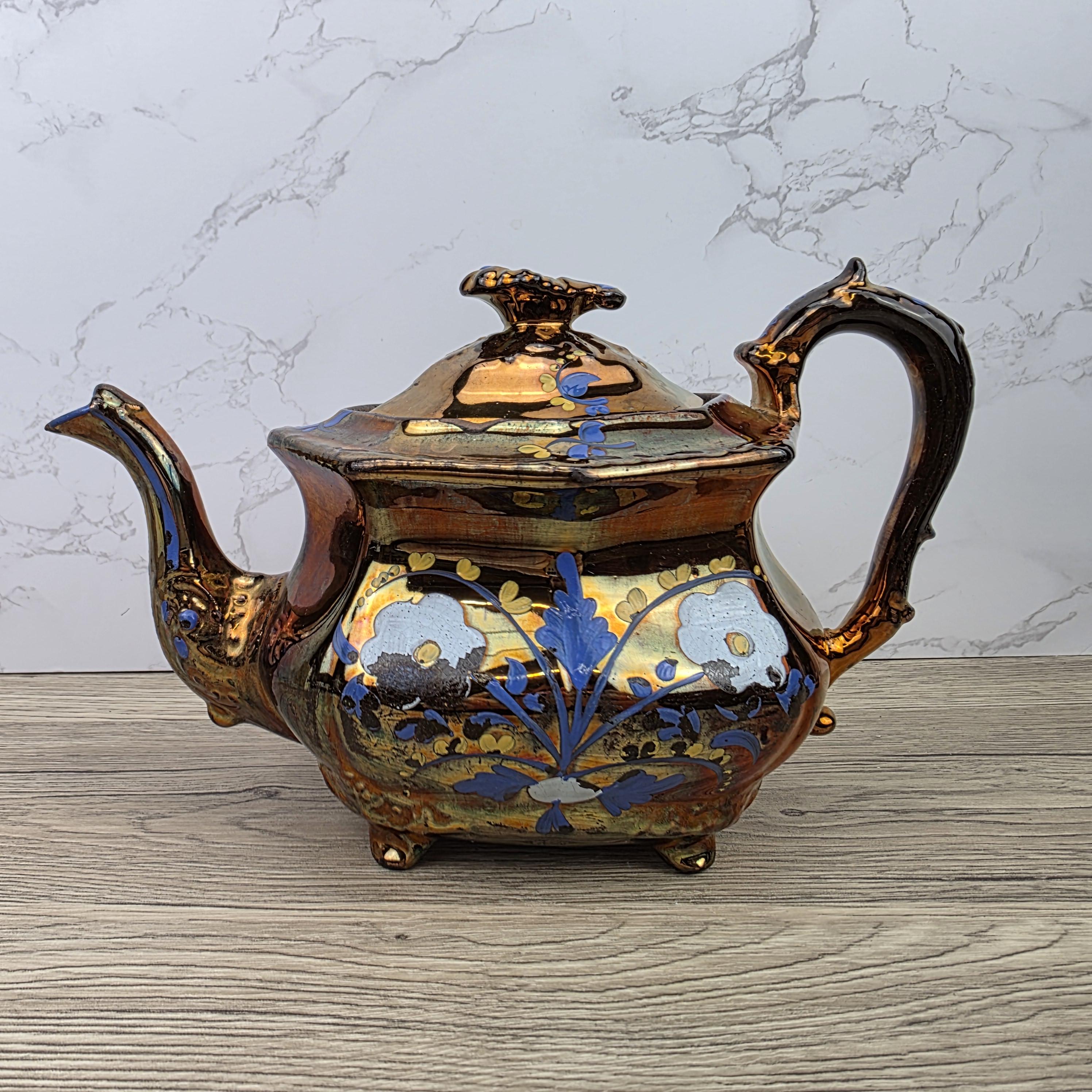 Copper Lustre Octagonal Ceramic Teapot with Lid Hand Painted Blue Floral Pattern Vintage Serveware