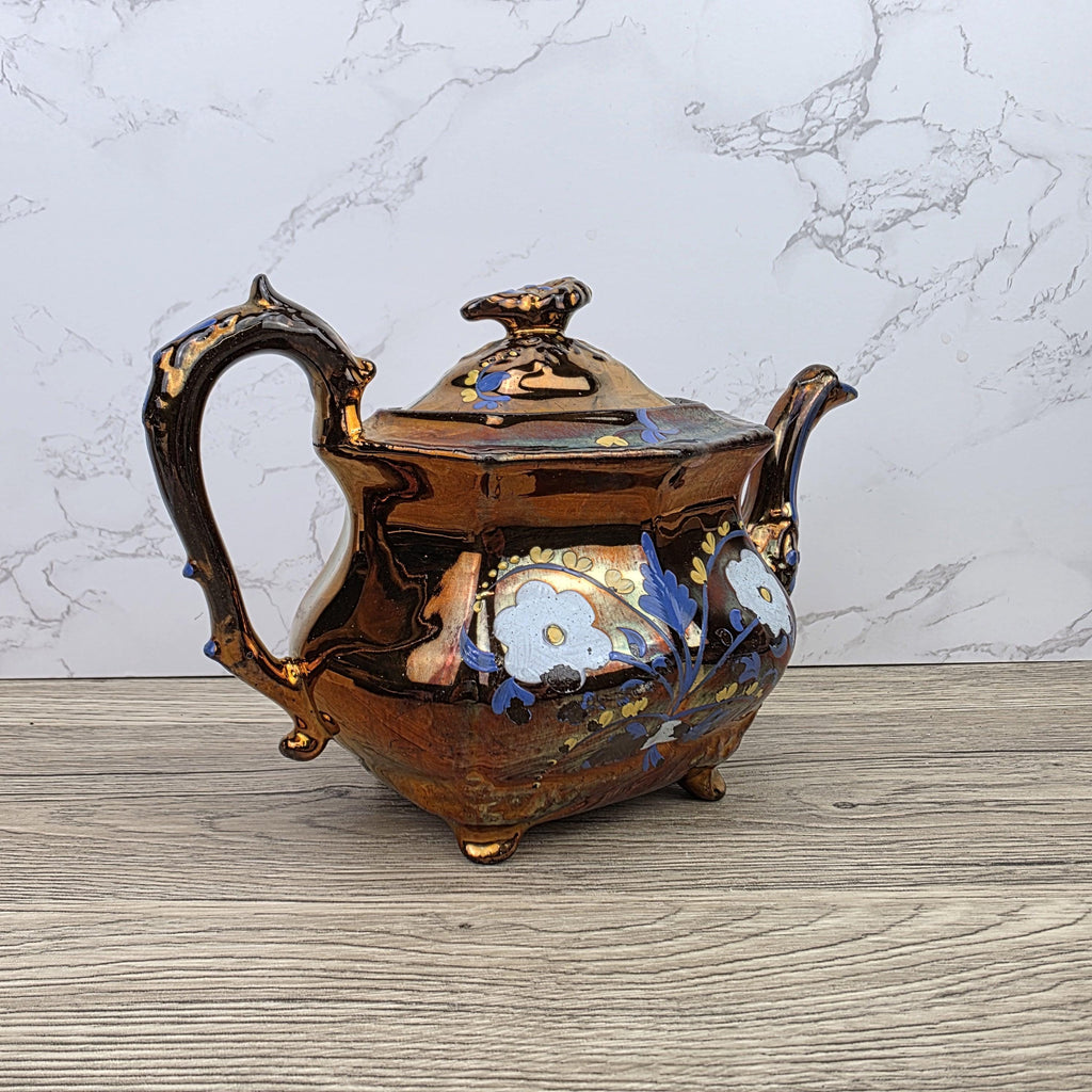 Copper Lustre Octagonal Ceramic Teapot with Lid Hand Painted Blue Floral Pattern Vintage Serveware