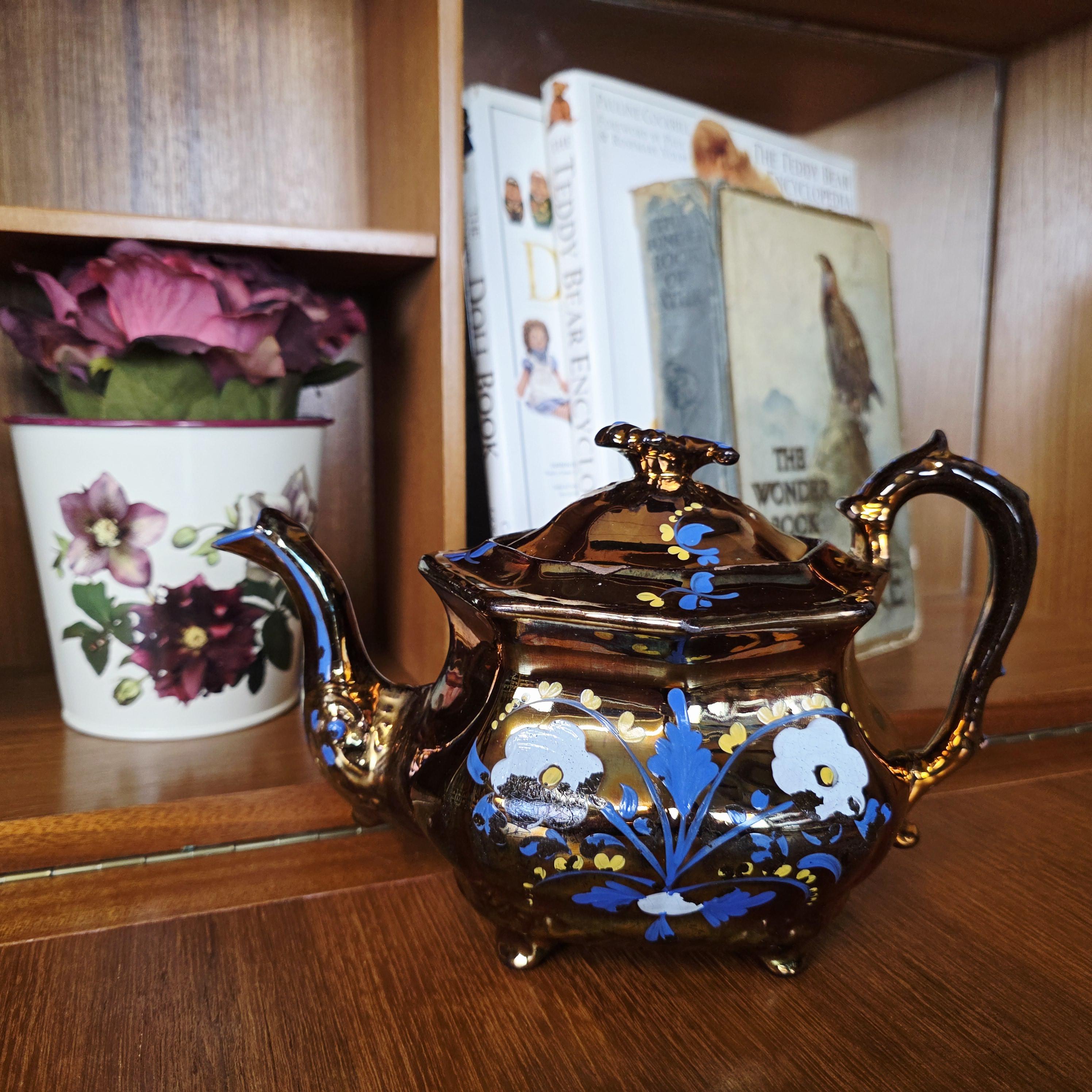 Copper Lustre Octagonal Ceramic Teapot with Lid Hand Painted Blue Floral Pattern Vintage Serveware