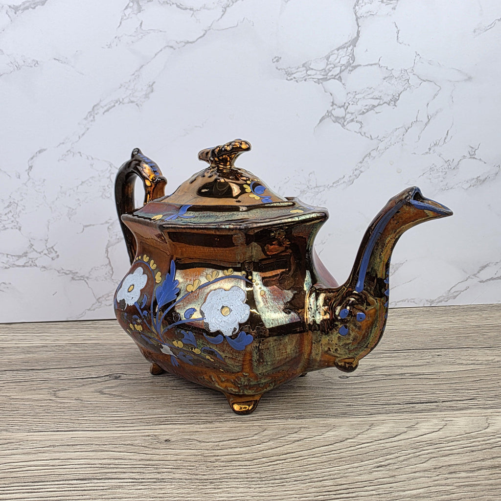 Copper Lustre Octagonal Ceramic Teapot with Lid Hand Painted Blue Floral Pattern Vintage Serveware