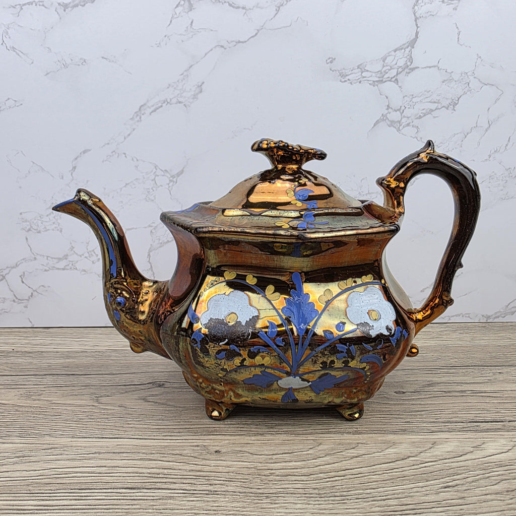Copper Lustre Octagonal Ceramic Teapot with Lid Hand Painted Blue Floral Pattern Vintage Serveware