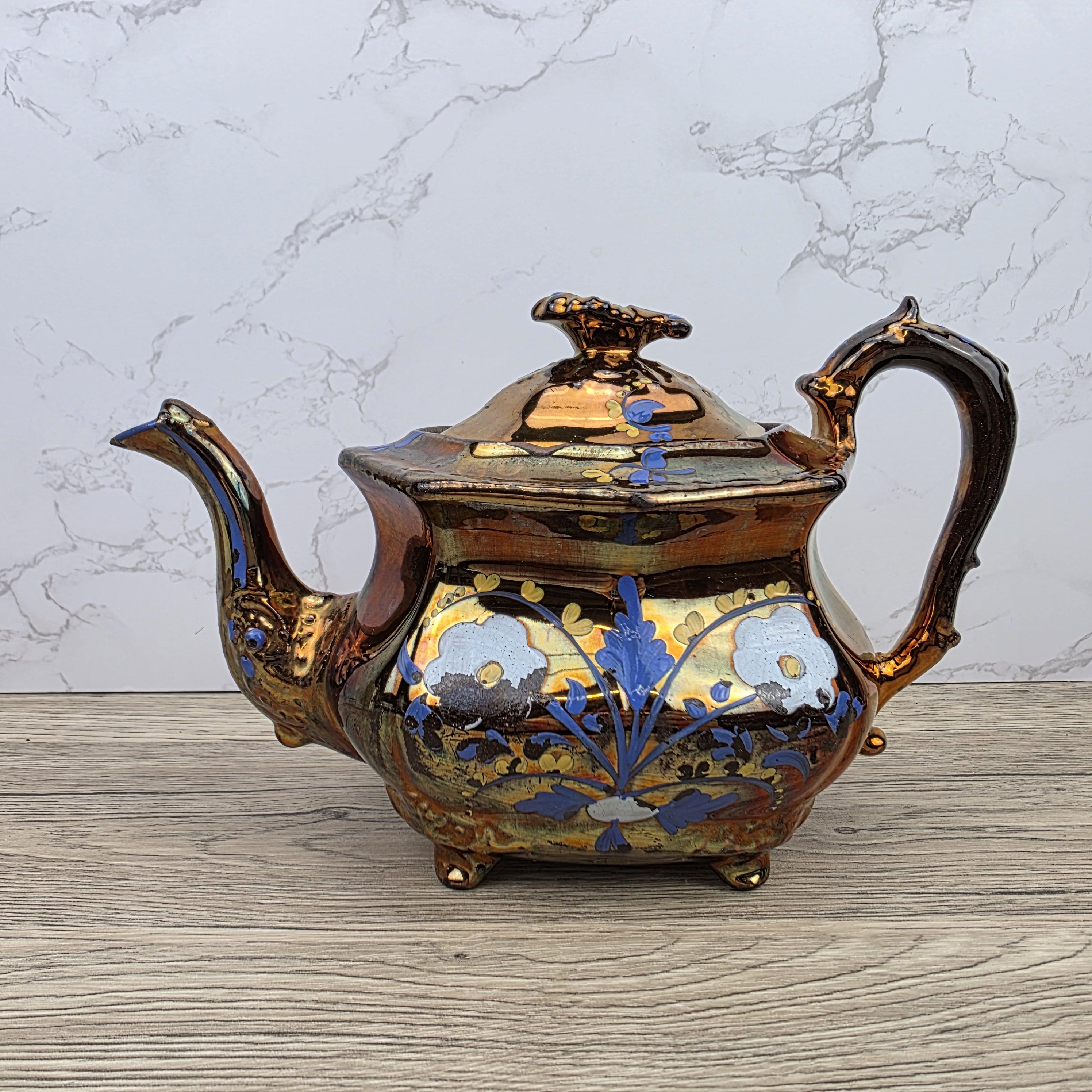 Copper Lustre Octagonal Ceramic Teapot with Lid Hand Painted Blue Floral Pattern Vintage Serveware
