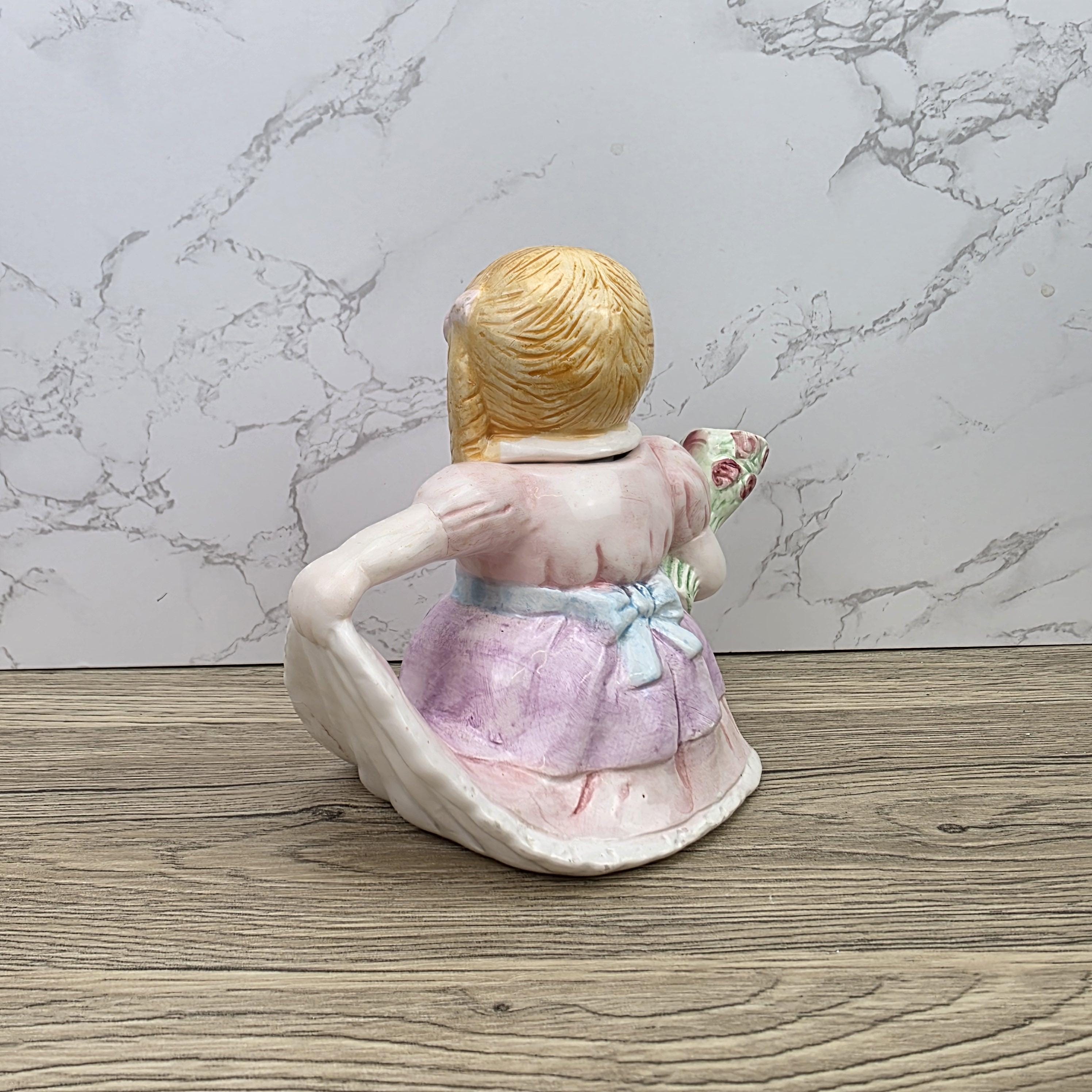 Vintage Ceramic Girl Teapot with Lid Pastel Pink Dress Figurine Style Collectible Tea Serveware