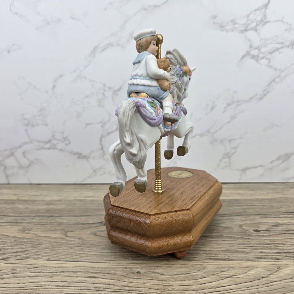 Carousel Horse Music Box Figurine with Child Rider | Vintage Wooden Base Wind Up Sculpture