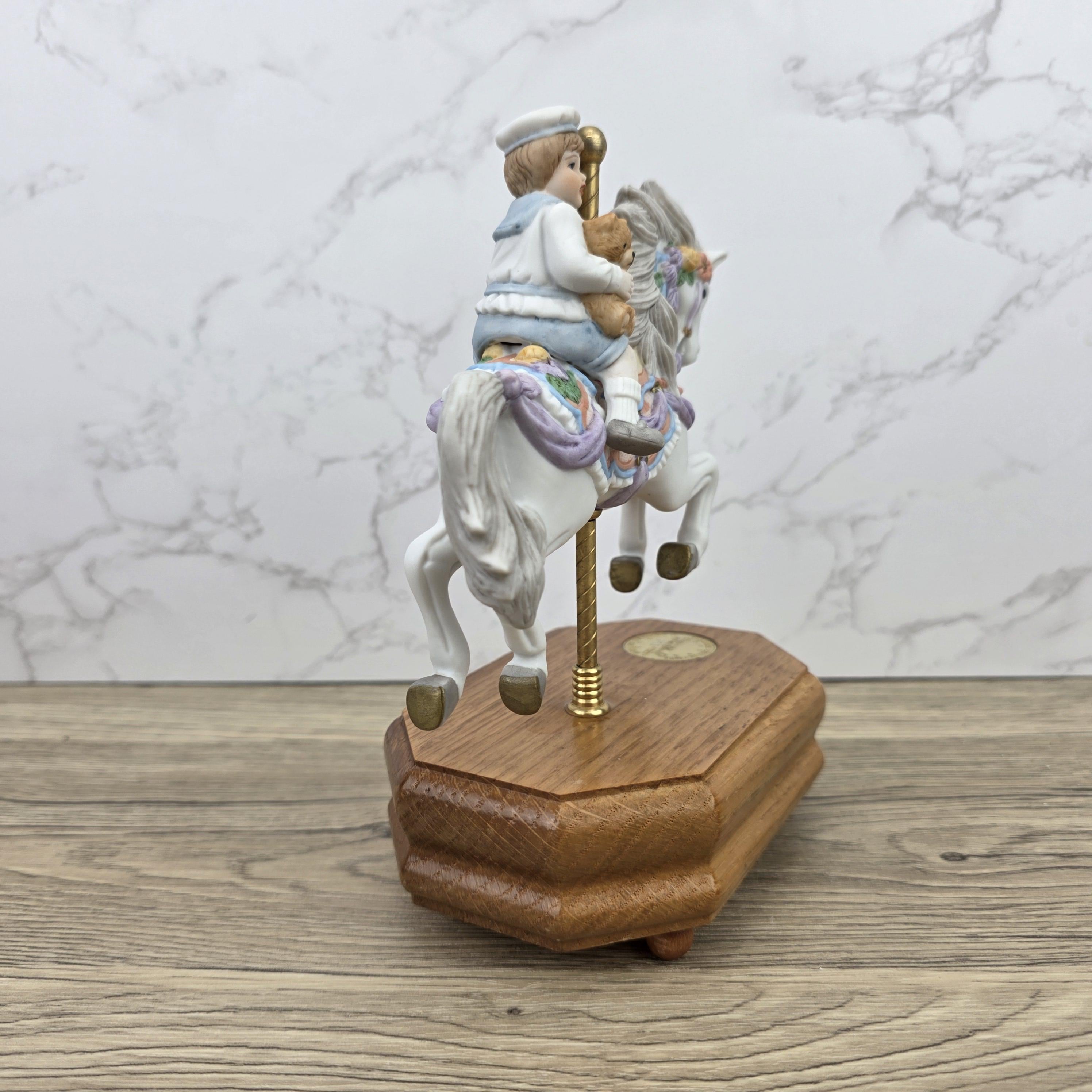 Carousel Horse Music Box Figurine with Child Rider | Vintage Wooden Base Wind Up Sculpture