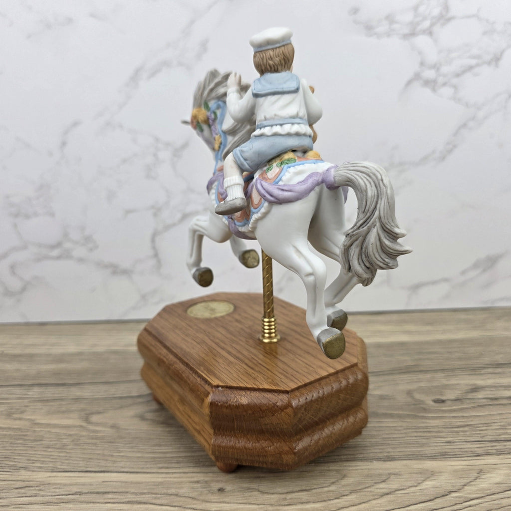 Carousel Horse Music Box Figurine with Child Rider | Vintage Wooden Base Wind Up Sculpture
