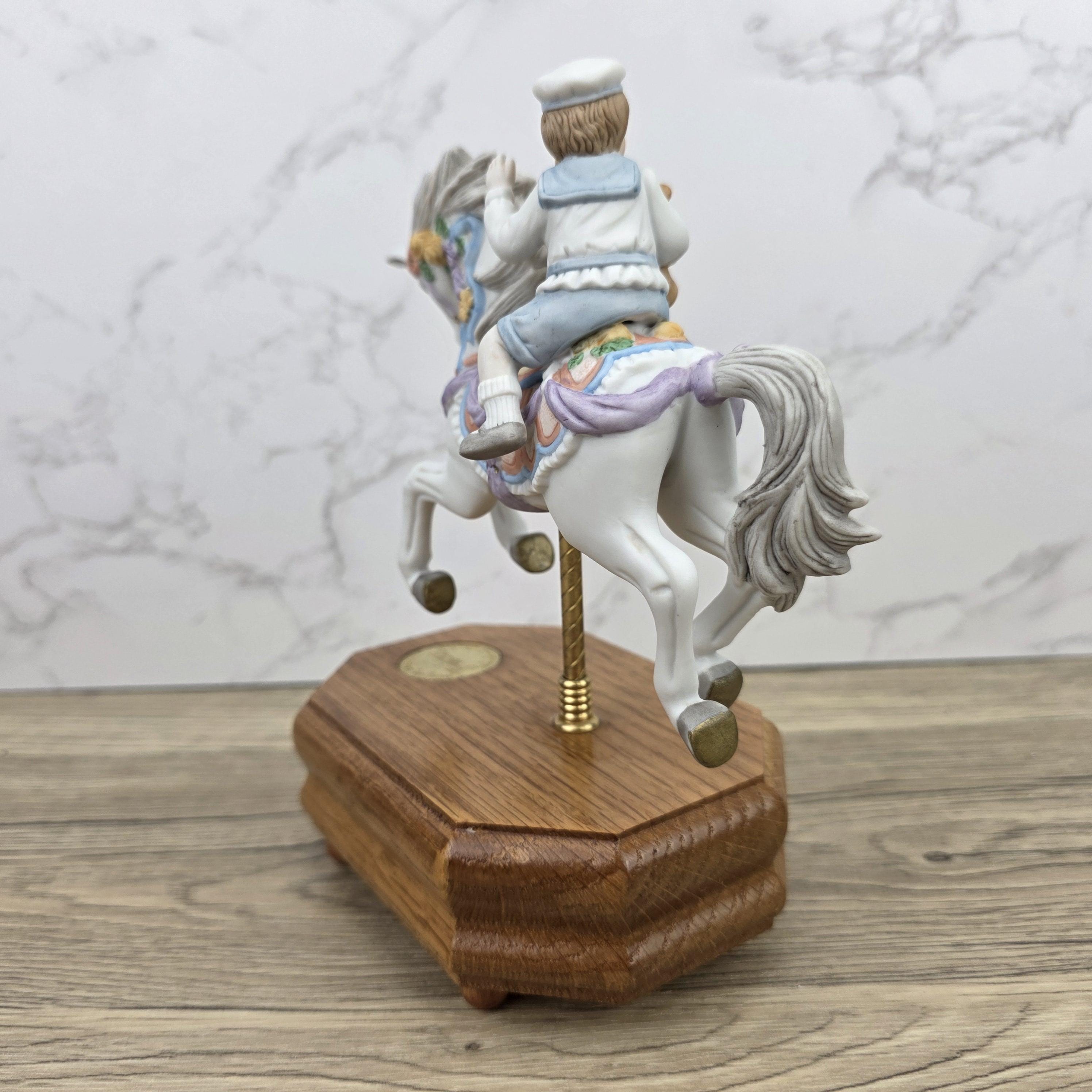 Carousel Horse Music Box Figurine with Child Rider | Vintage Wooden Base Wind Up Sculpture