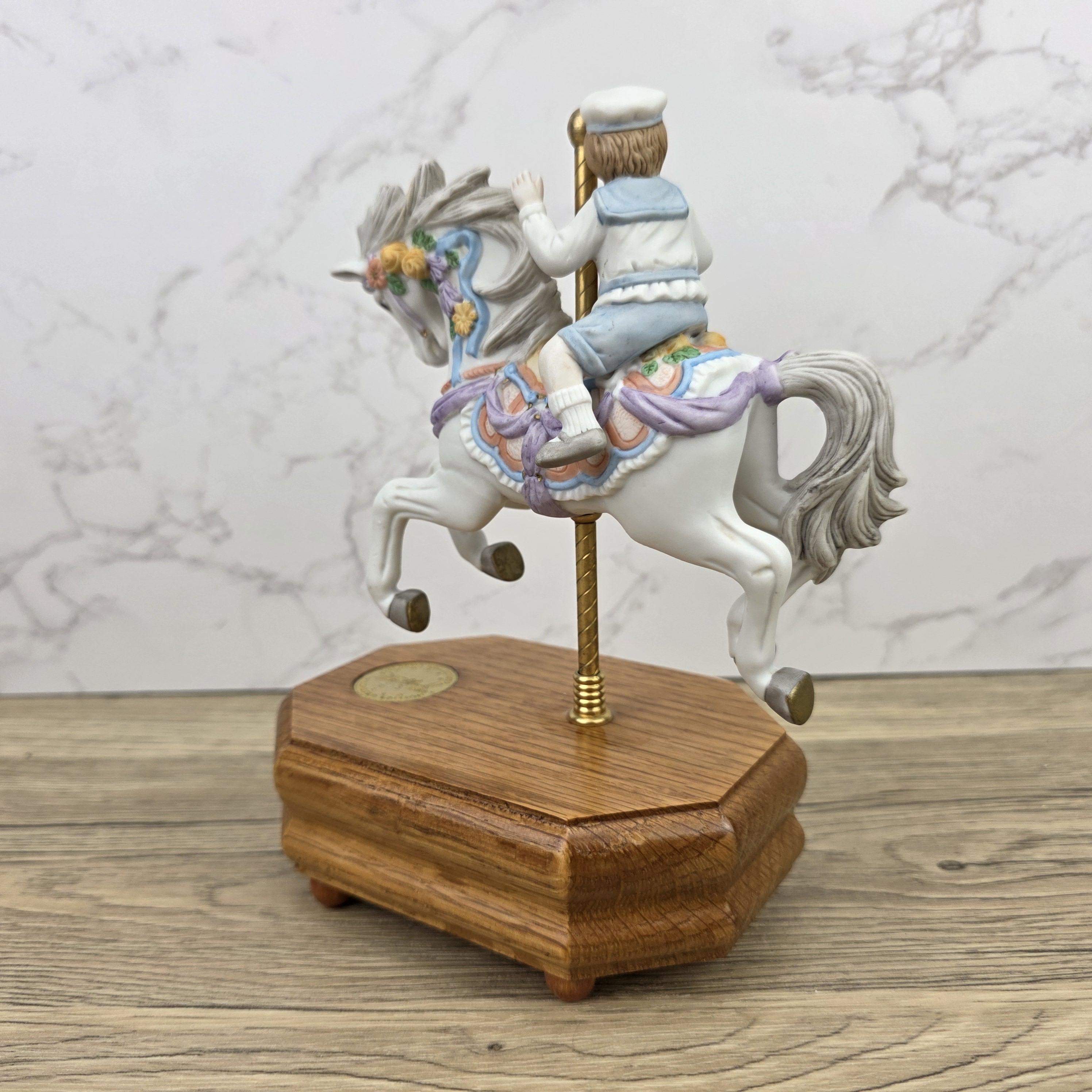 Carousel Horse Music Box Figurine with Child Rider | Vintage Wooden Base Wind Up Sculpture
