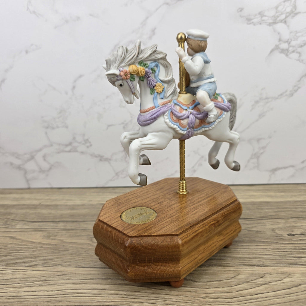 Carousel Horse Music Box Figurine with Child Rider | Vintage Wooden Base Wind Up Sculpture
