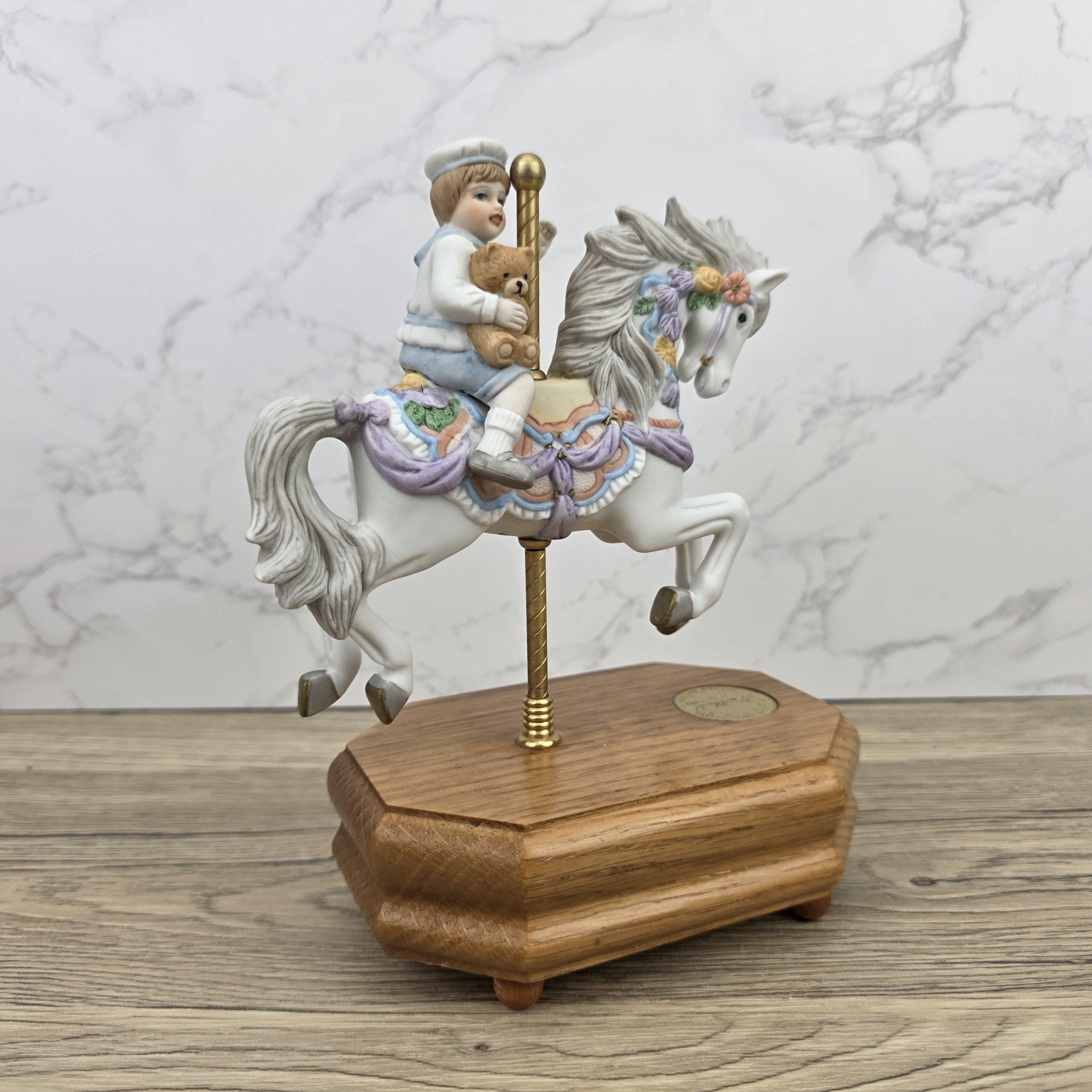 Carousel Horse Music Box Figurine with Child Rider | Vintage Wooden Base Wind Up Sculpture