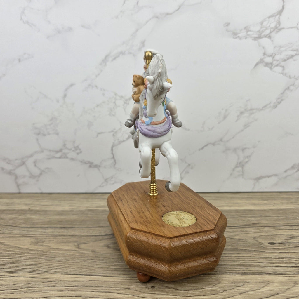 Carousel Horse Music Box Figurine with Child Rider | Vintage Wooden Base Wind Up Sculpture