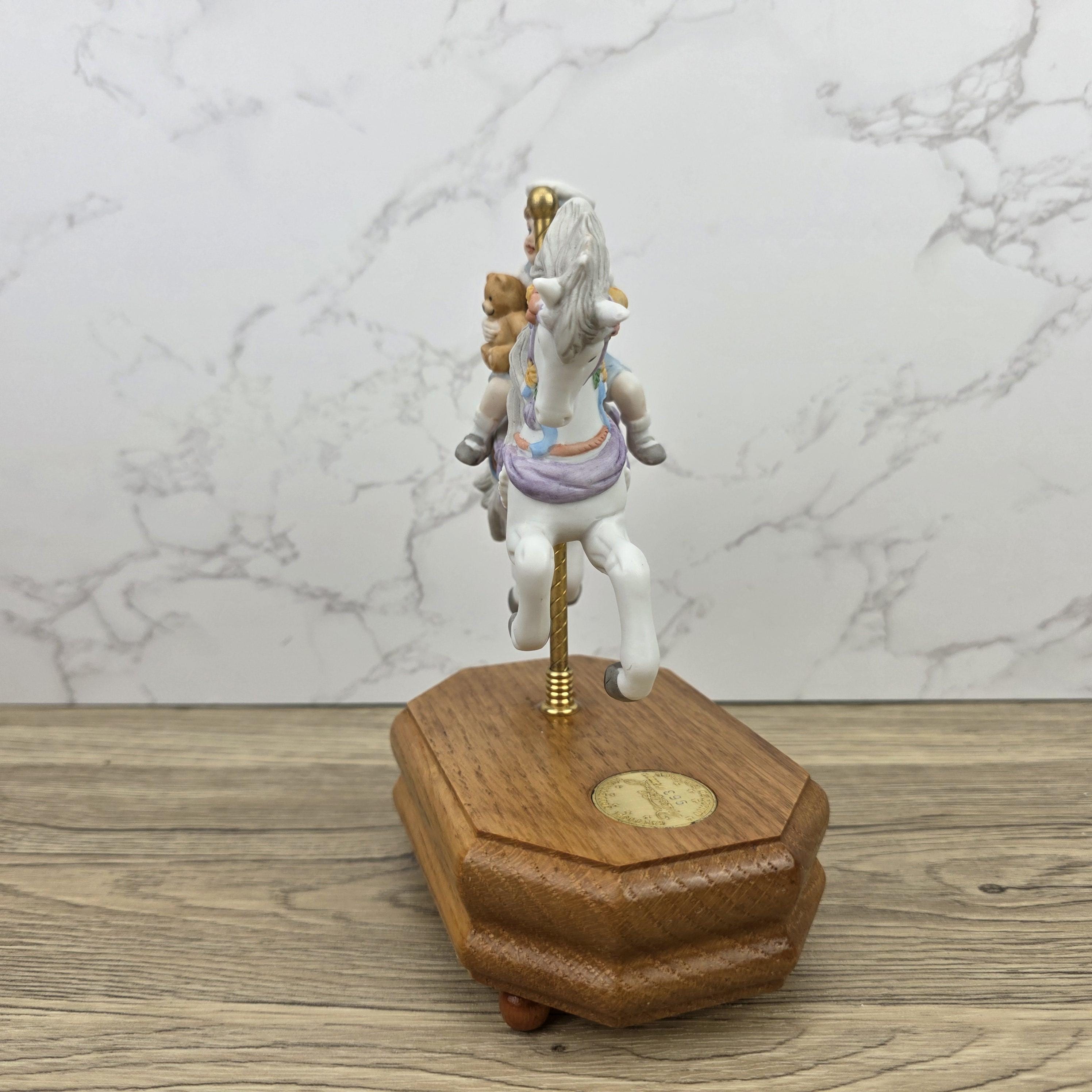 Carousel Horse Music Box Figurine with Child Rider | Vintage Wooden Base Wind Up Sculpture