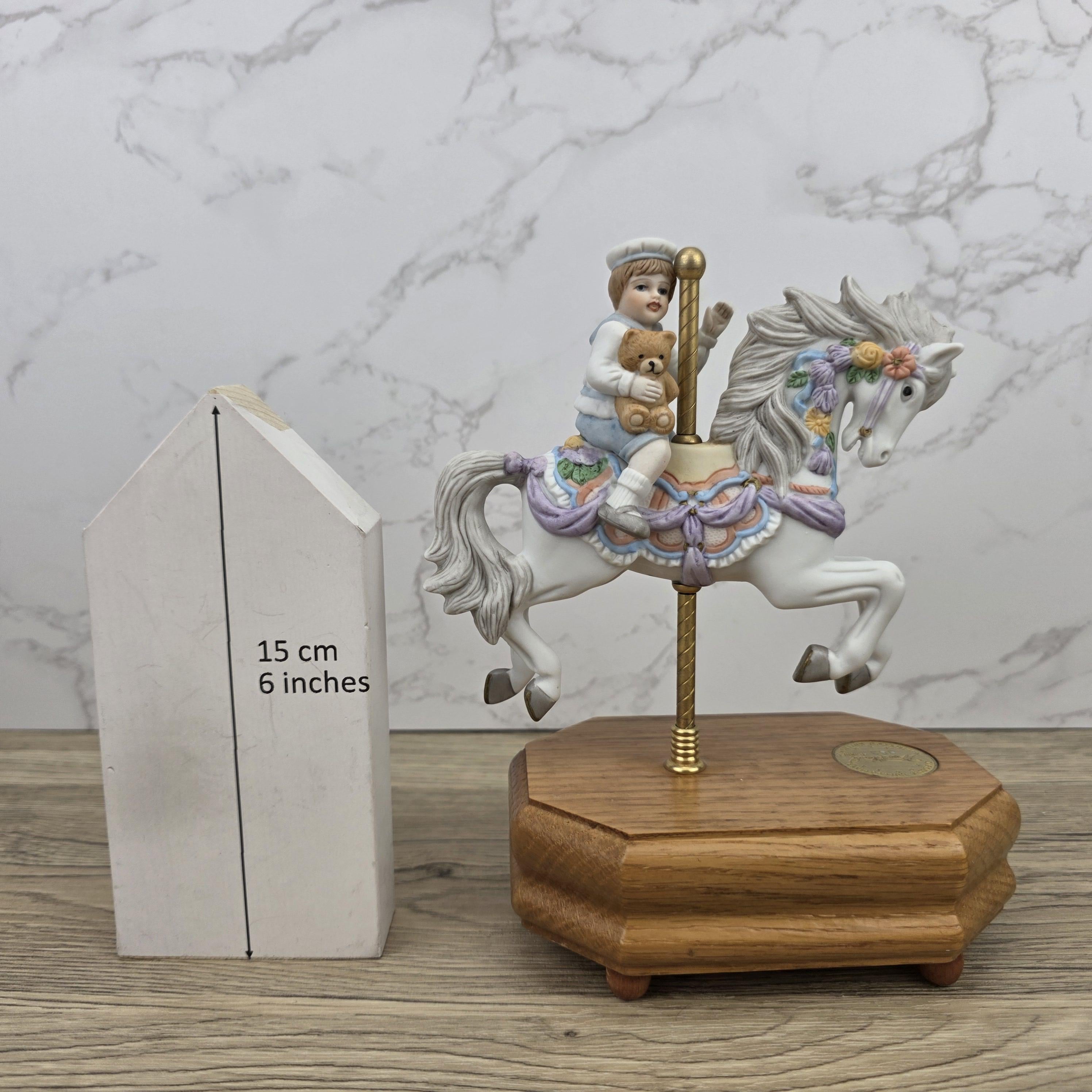 Carousel Horse Music Box Figurine with Child Rider | Vintage Wooden Base Wind Up Sculpture
