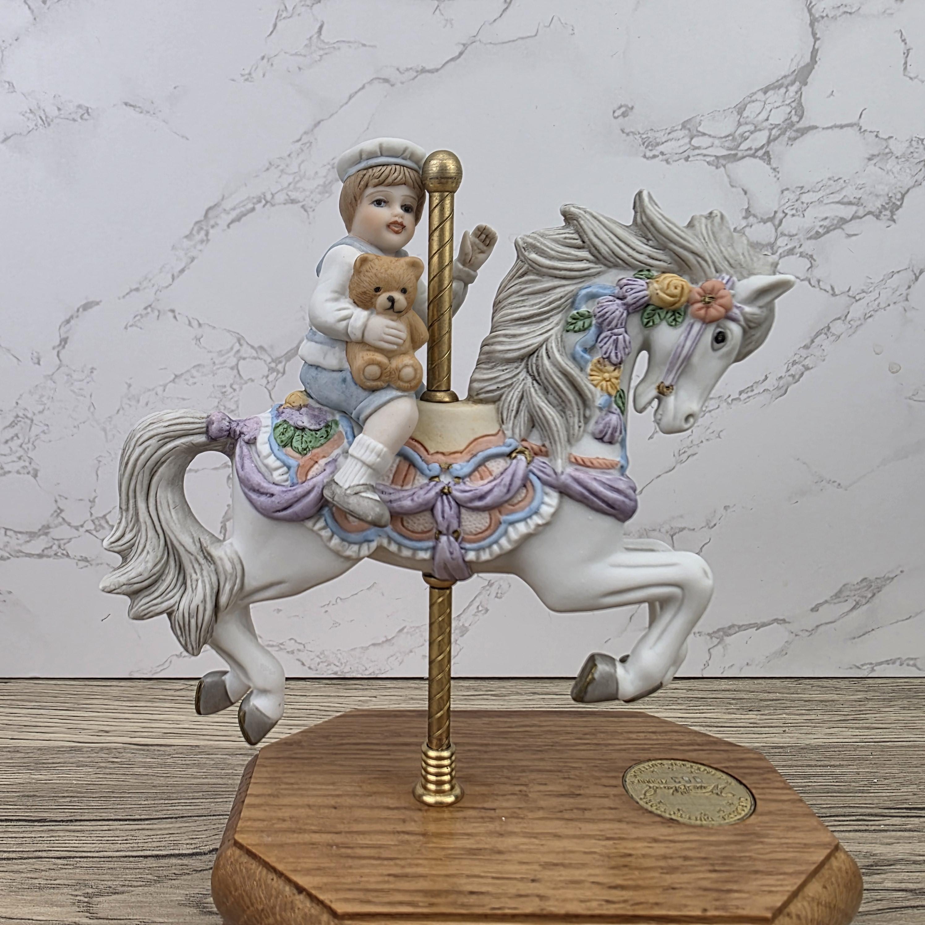 Carousel Horse Music Box Figurine with Child Rider | Vintage Wooden Base Wind Up Sculpture