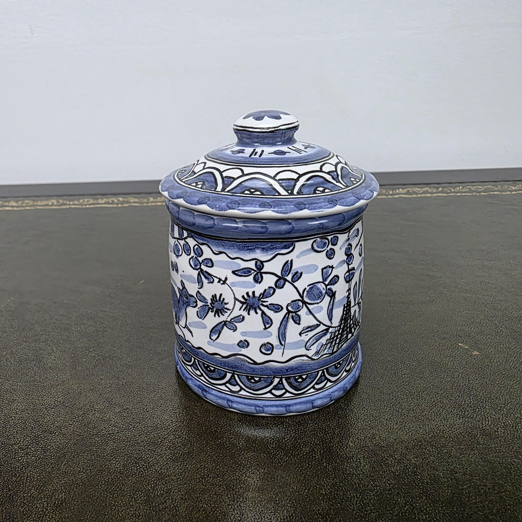 Blue White Portuguese Ceramic Lidded Jar Alcobaca Pottery Folk Art Bird Floral Canister 35B