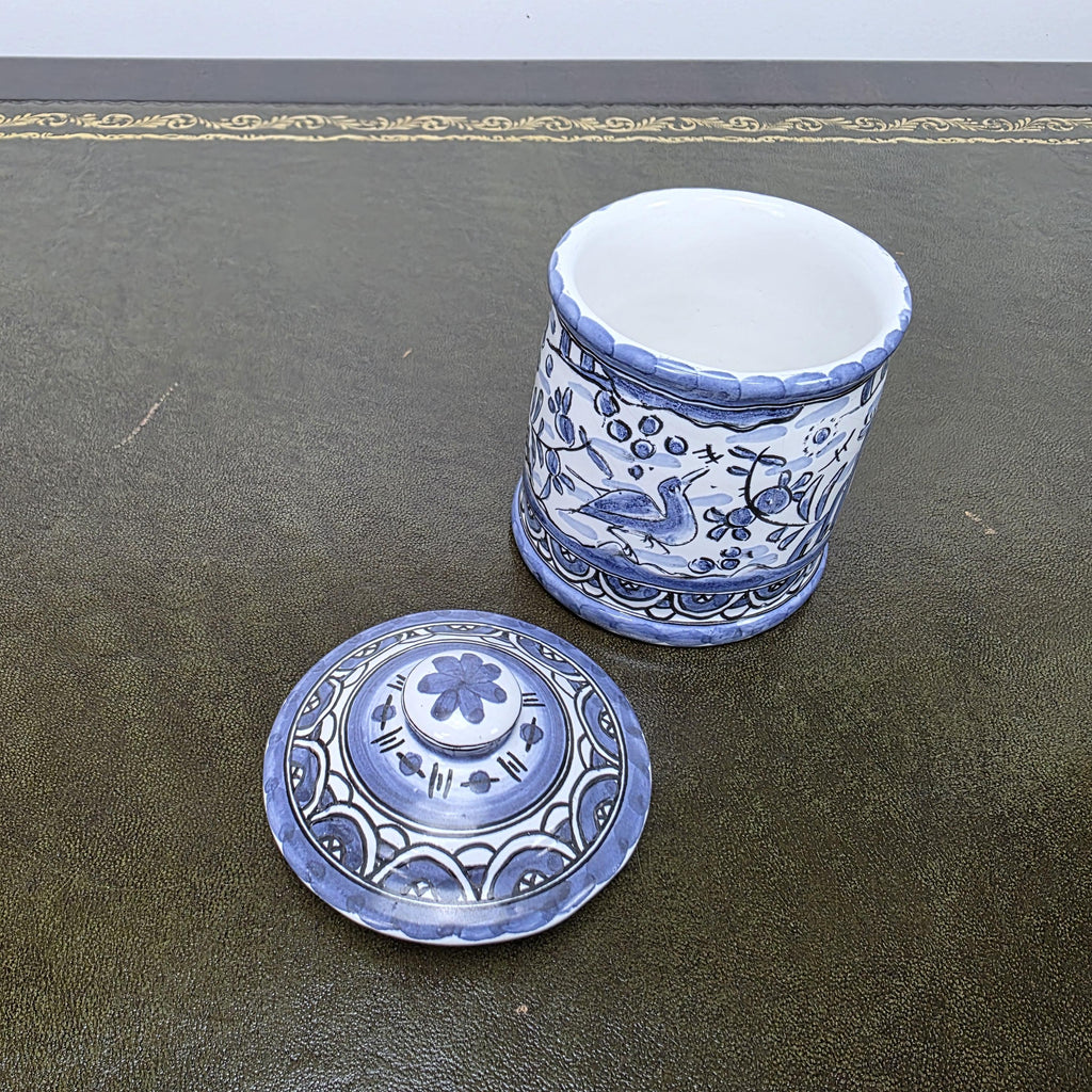 Blue White Portuguese Ceramic Lidded Jar Alcobaca Pottery Folk Art Bird Floral Canister 35B
