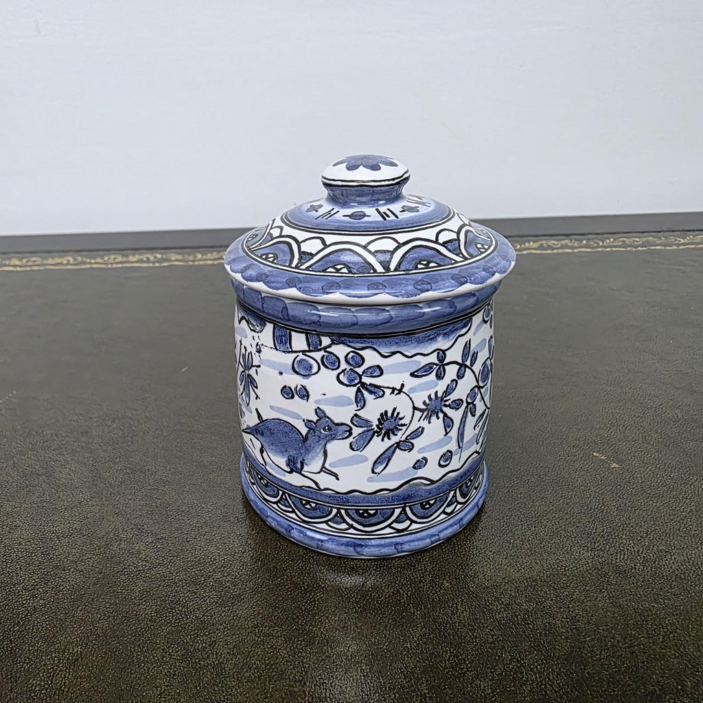 Blue White Portuguese Ceramic Lidded Jar Alcobaca Pottery Folk Art Bird Floral Canister 35B