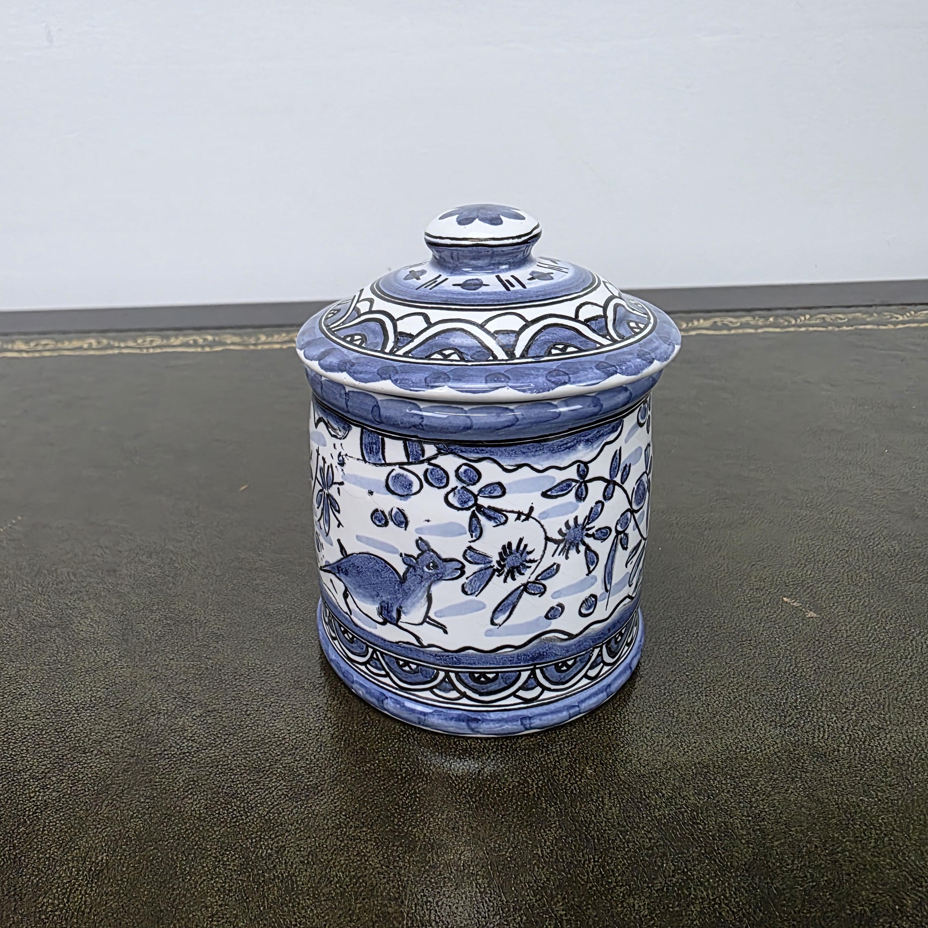 Blue White Portuguese Ceramic Lidded Jar Alcobaca Pottery Folk Art Bird Floral Canister 35B