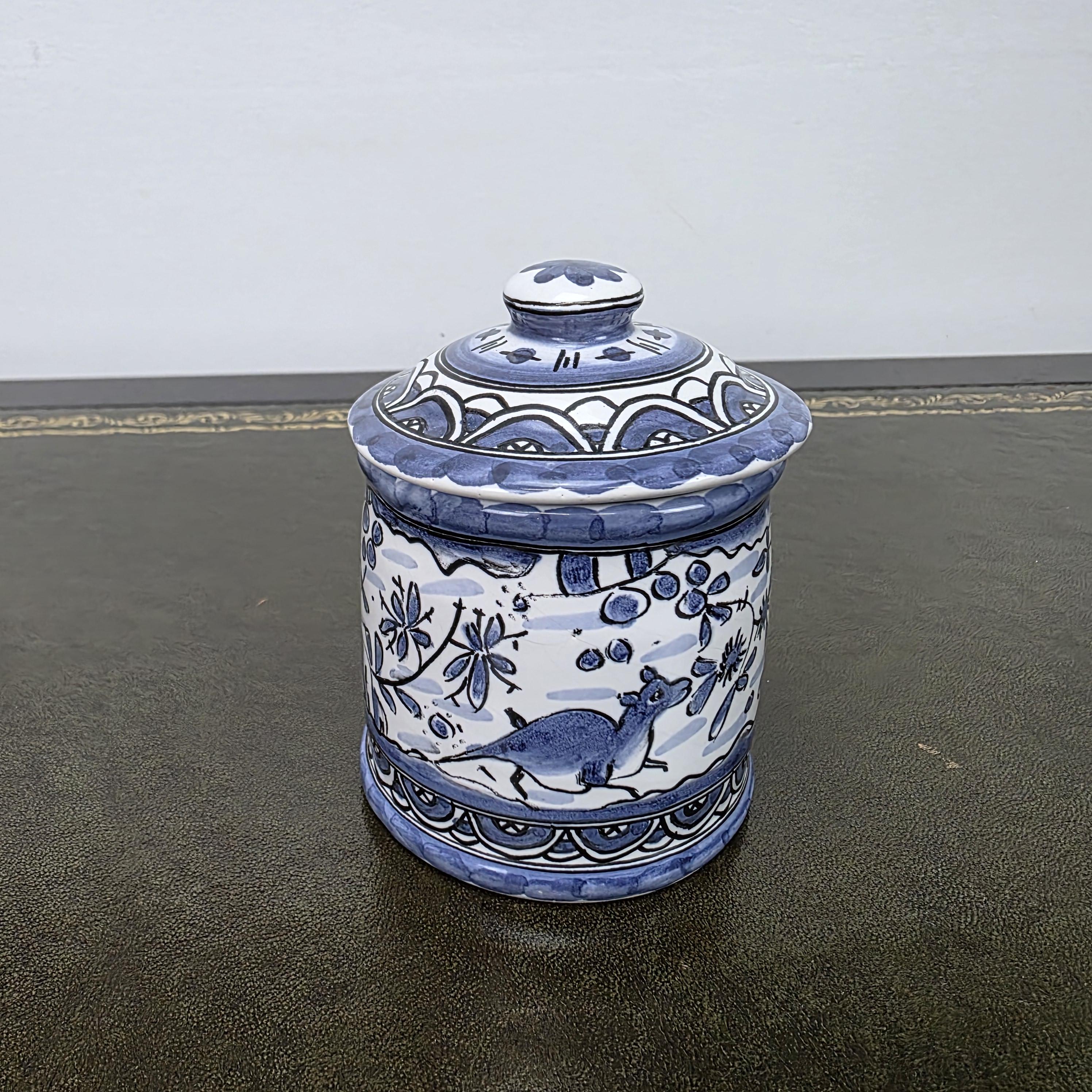 Blue White Portuguese Ceramic Lidded Jar Alcobaca Pottery Folk Art Bird Floral Canister 35B