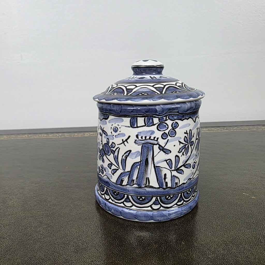 Blue White Portuguese Ceramic Lidded Jar Alcobaca Pottery Folk Art Bird Floral Canister 35B