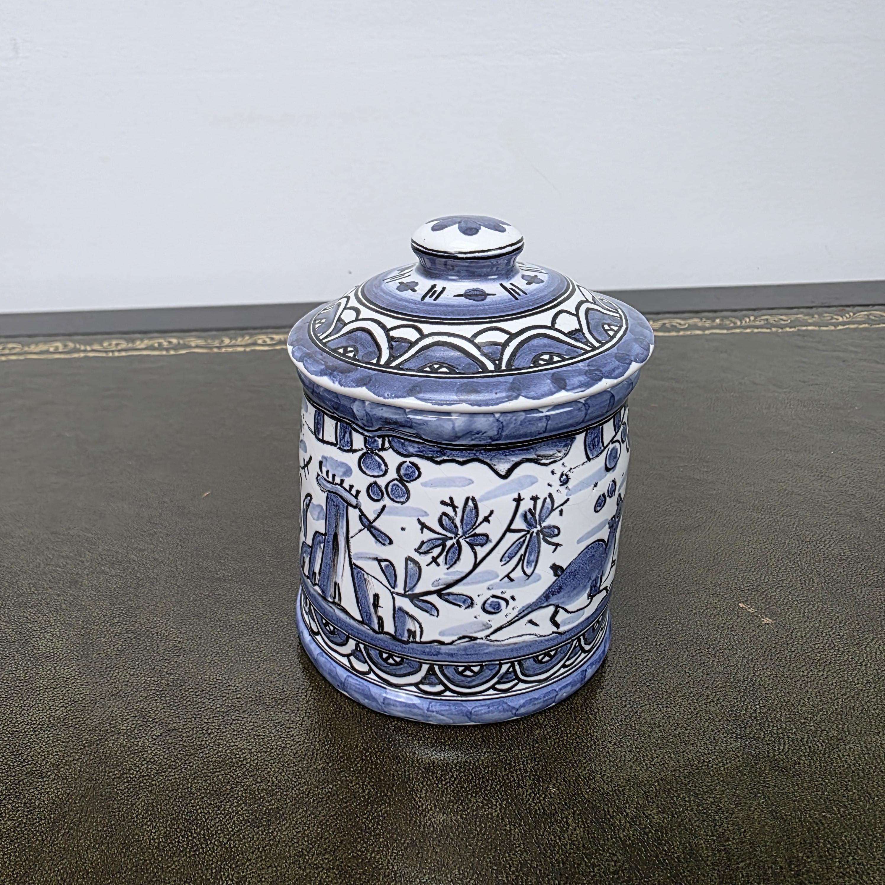 Blue White Portuguese Ceramic Lidded Jar Alcobaca Pottery Folk Art Bird Floral Canister 35B