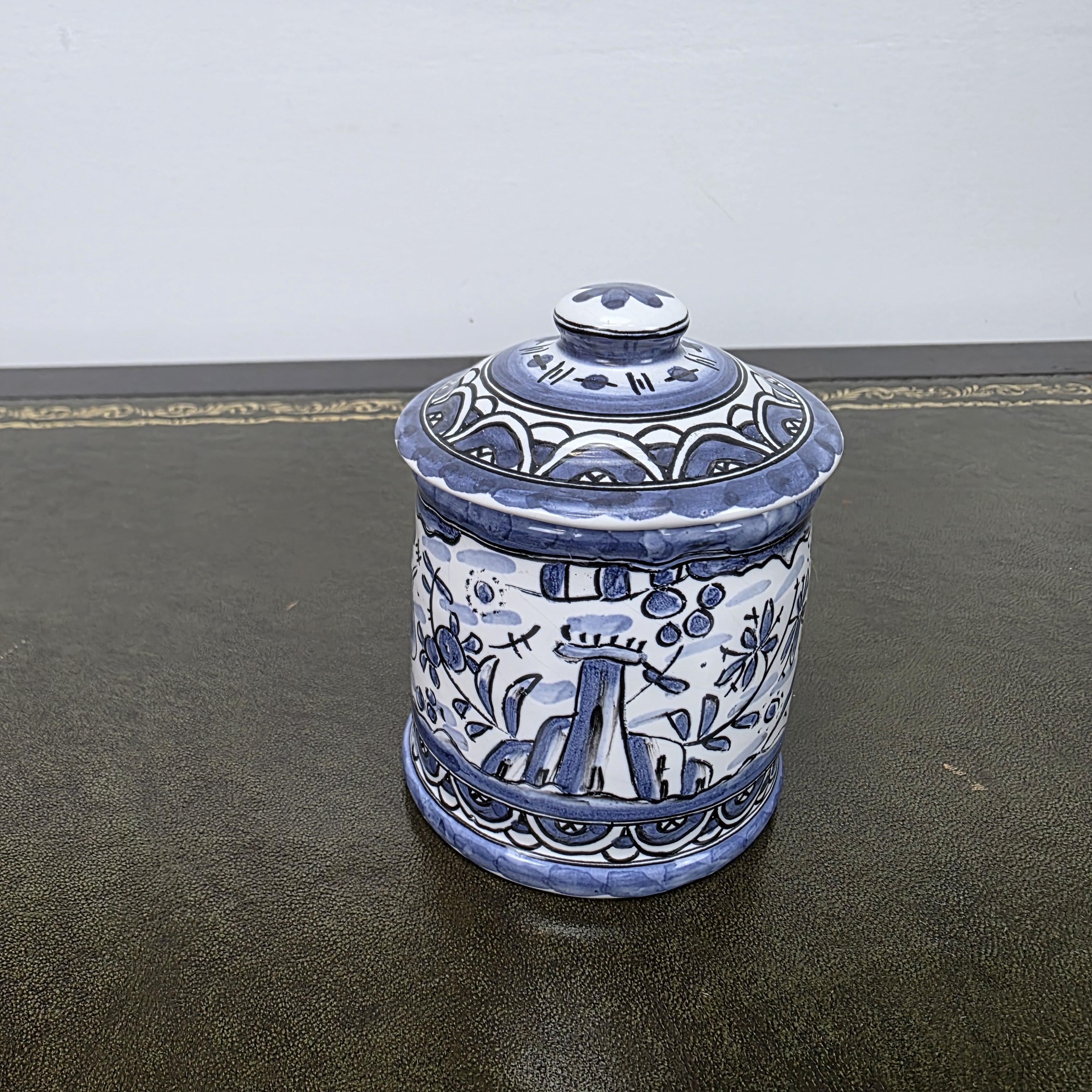 Blue White Portuguese Ceramic Lidded Jar Alcobaca Pottery Folk Art Bird Floral Canister 35B