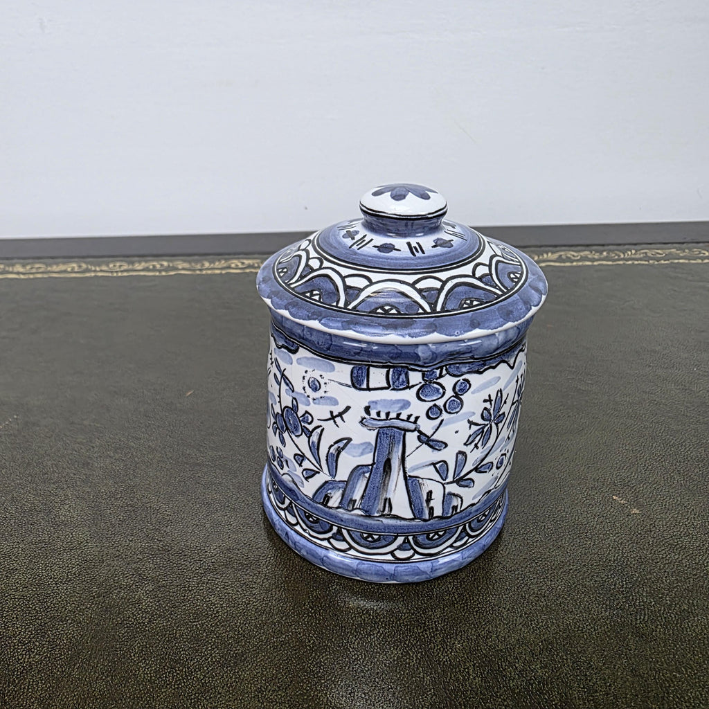 Blue White Portuguese Ceramic Lidded Jar Alcobaca Pottery Folk Art Bird Floral Canister 35B