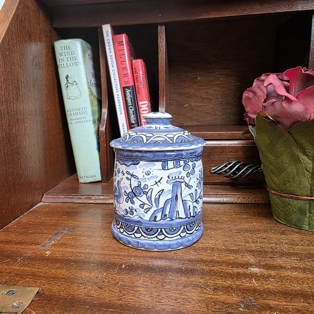 Blue White Portuguese Ceramic Lidded Jar Alcobaca Pottery Folk Art Bird Floral Canister 35B