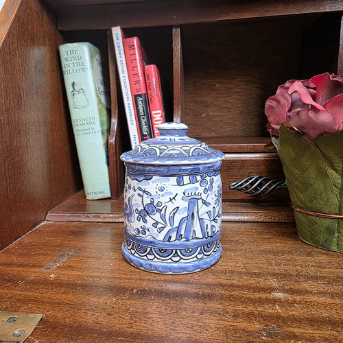 Blue White Portuguese Ceramic Lidded Jar Alcobaca Pottery Folk Art Bird Floral Canister 35B