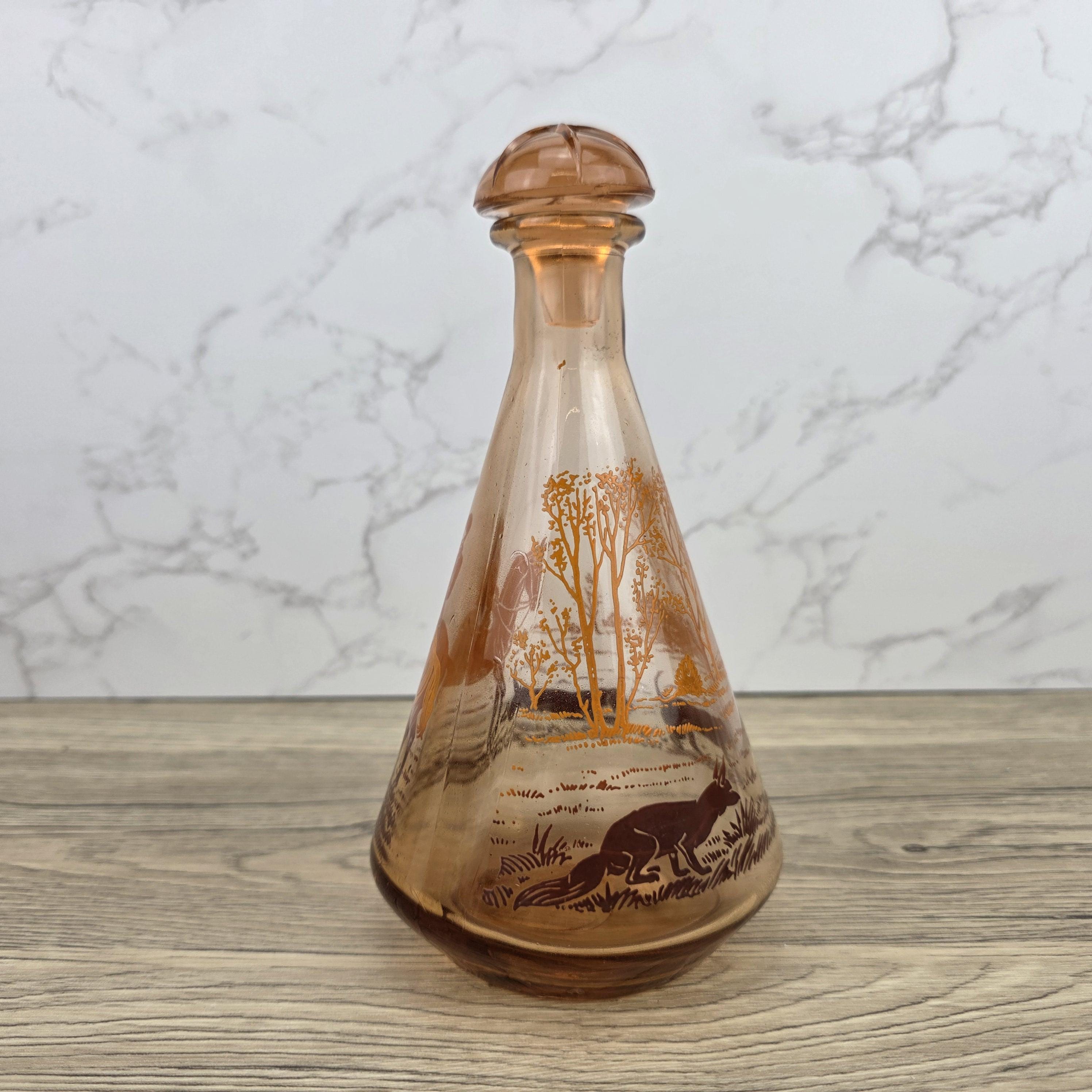 Vintage Amber Glass Decanter with Stopper | Fox Hunting Scene | Mid Century Bar Display Bottle