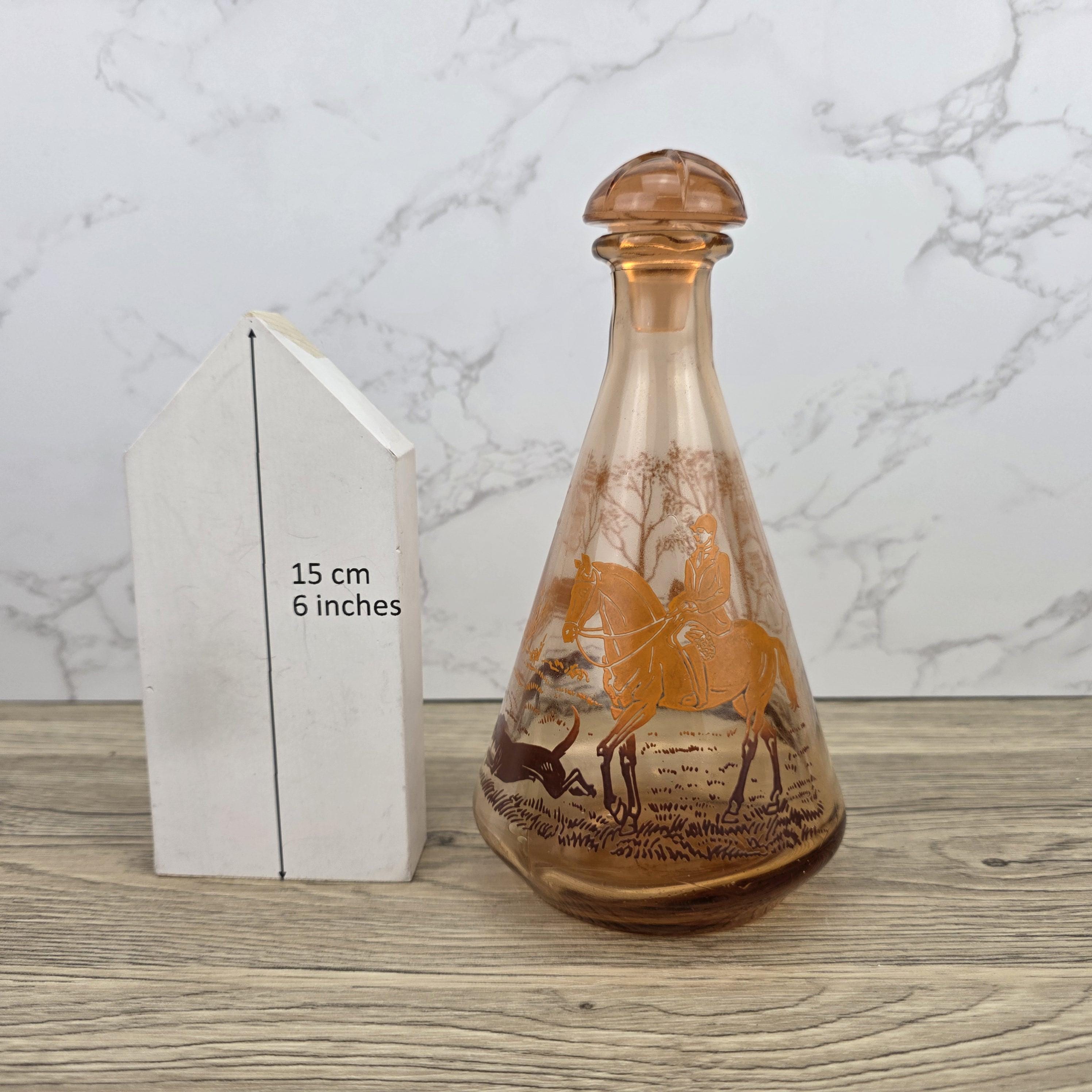 Vintage Amber Glass Decanter with Stopper | Fox Hunting Scene | Mid Century Bar Display Bottle