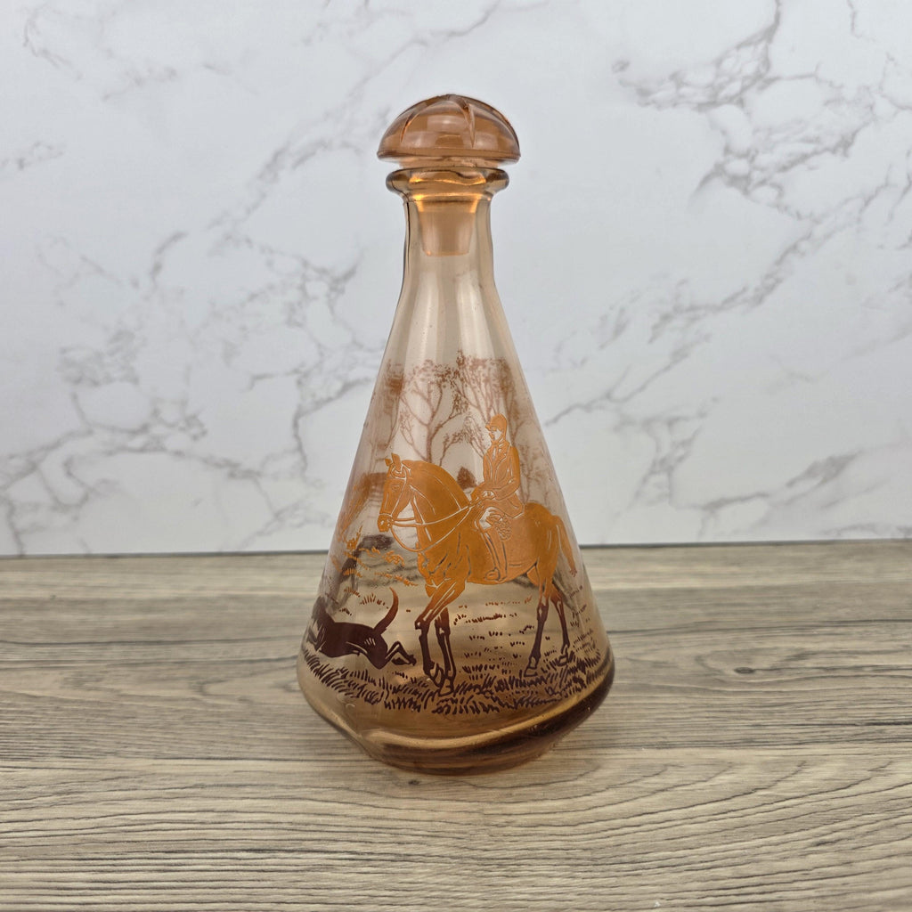 Vintage Amber Glass Decanter with Stopper | Fox Hunting Scene | Mid Century Bar Display Bottle