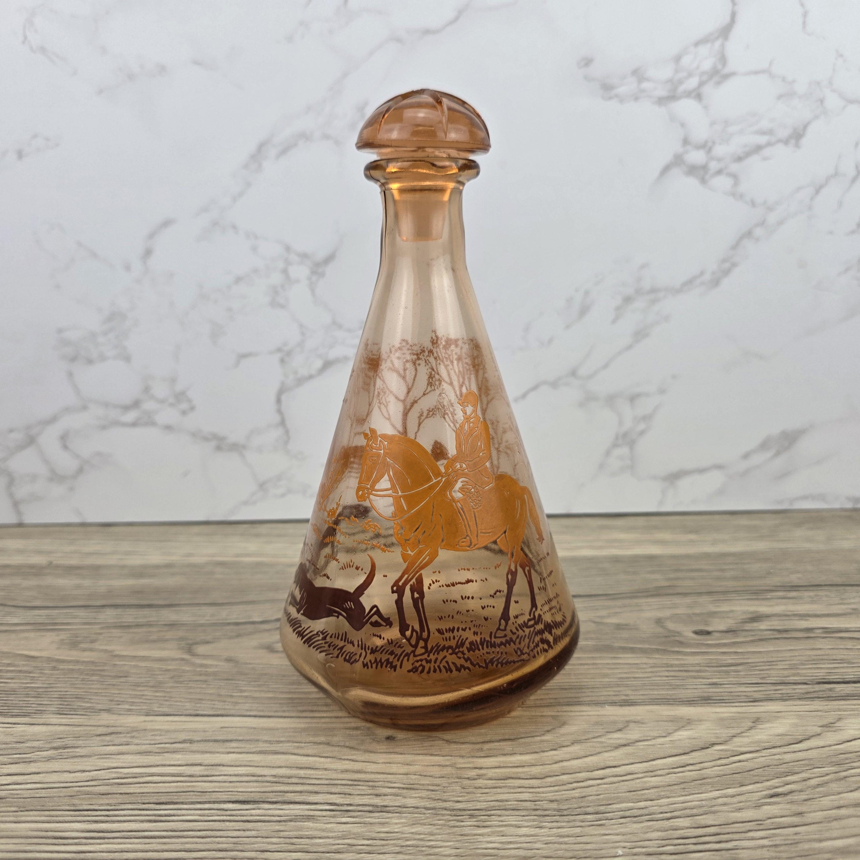 Vintage Amber Glass Decanter with Stopper | Fox Hunting Scene | Mid Century Bar Display Bottle