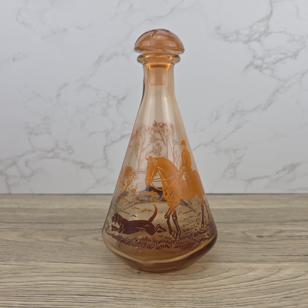 Vintage Amber Glass Decanter with Stopper | Fox Hunting Scene | Mid Century Bar Display Bottle
