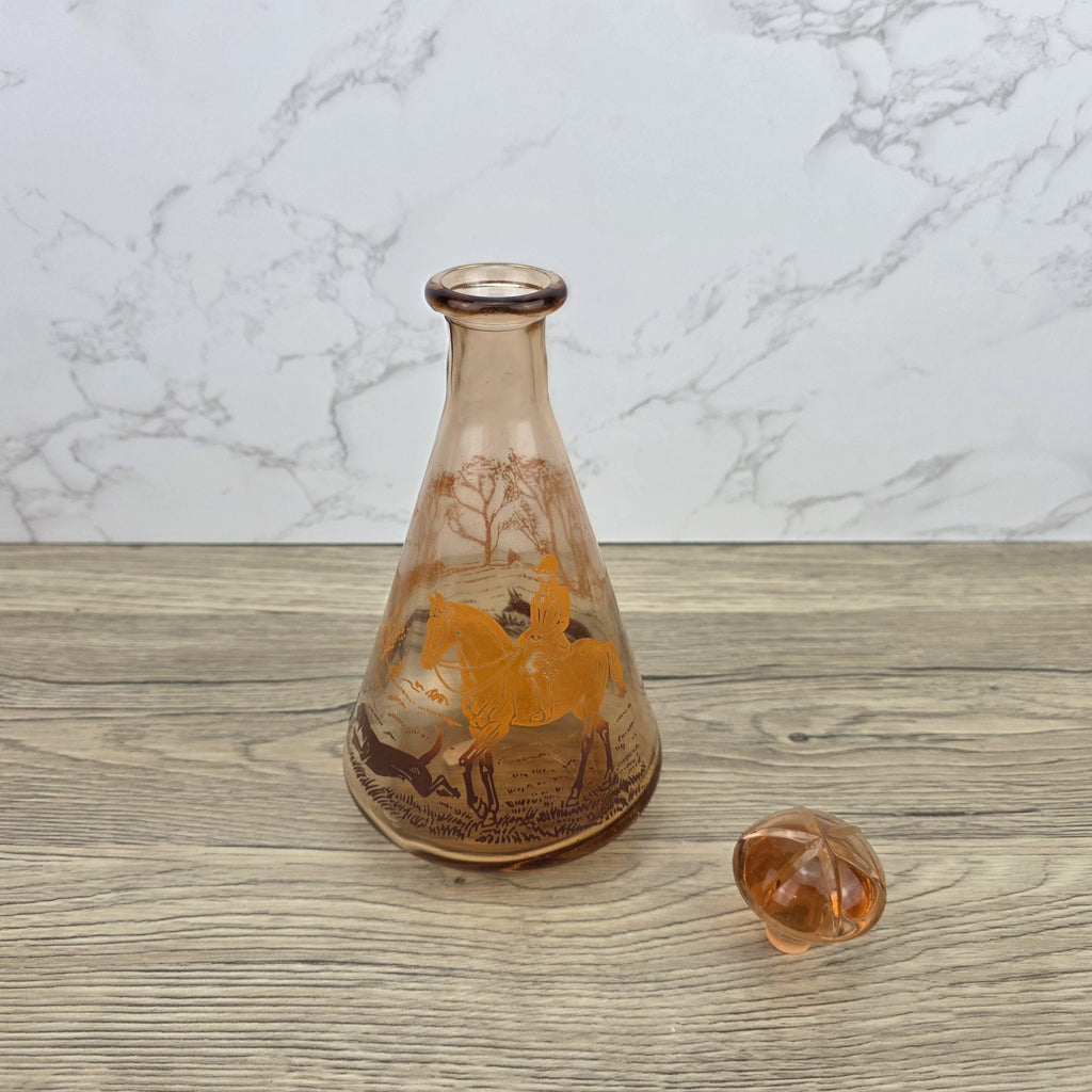 Vintage Amber Glass Decanter with Stopper | Fox Hunting Scene | Mid Century Bar Display Bottle