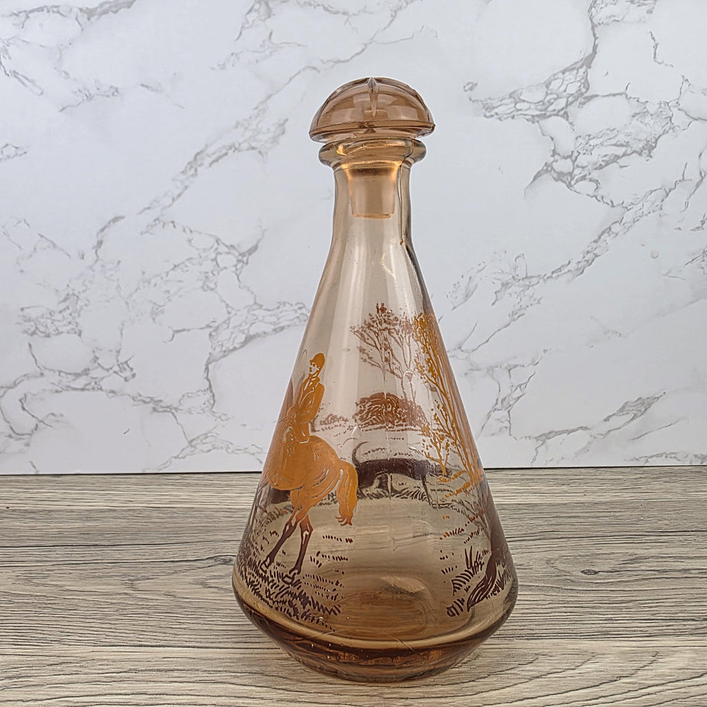 Vintage Amber Glass Decanter with Stopper | Fox Hunting Scene | Mid Century Bar Display Bottle