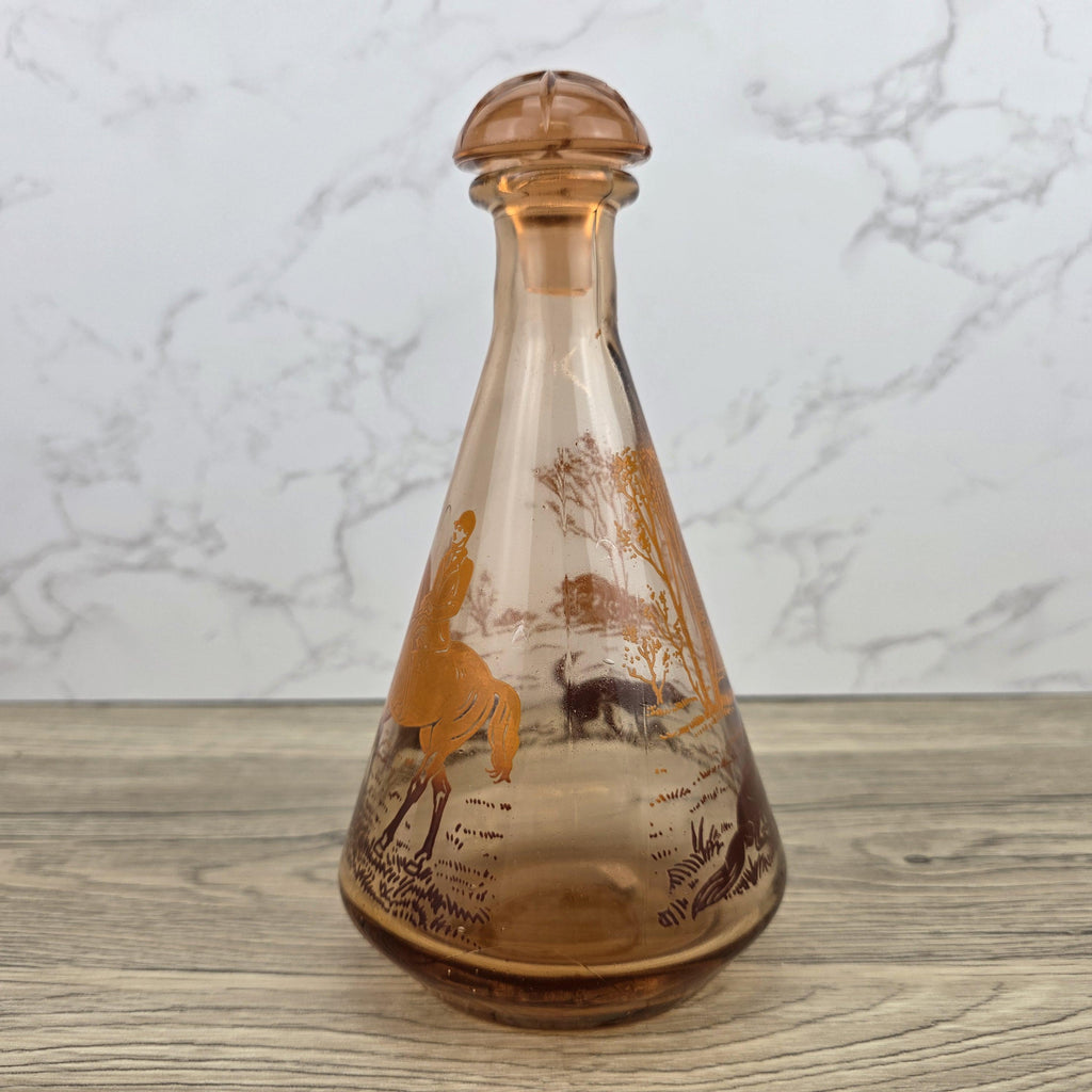 Vintage Amber Glass Decanter with Stopper | Fox Hunting Scene | Mid Century Bar Display Bottle