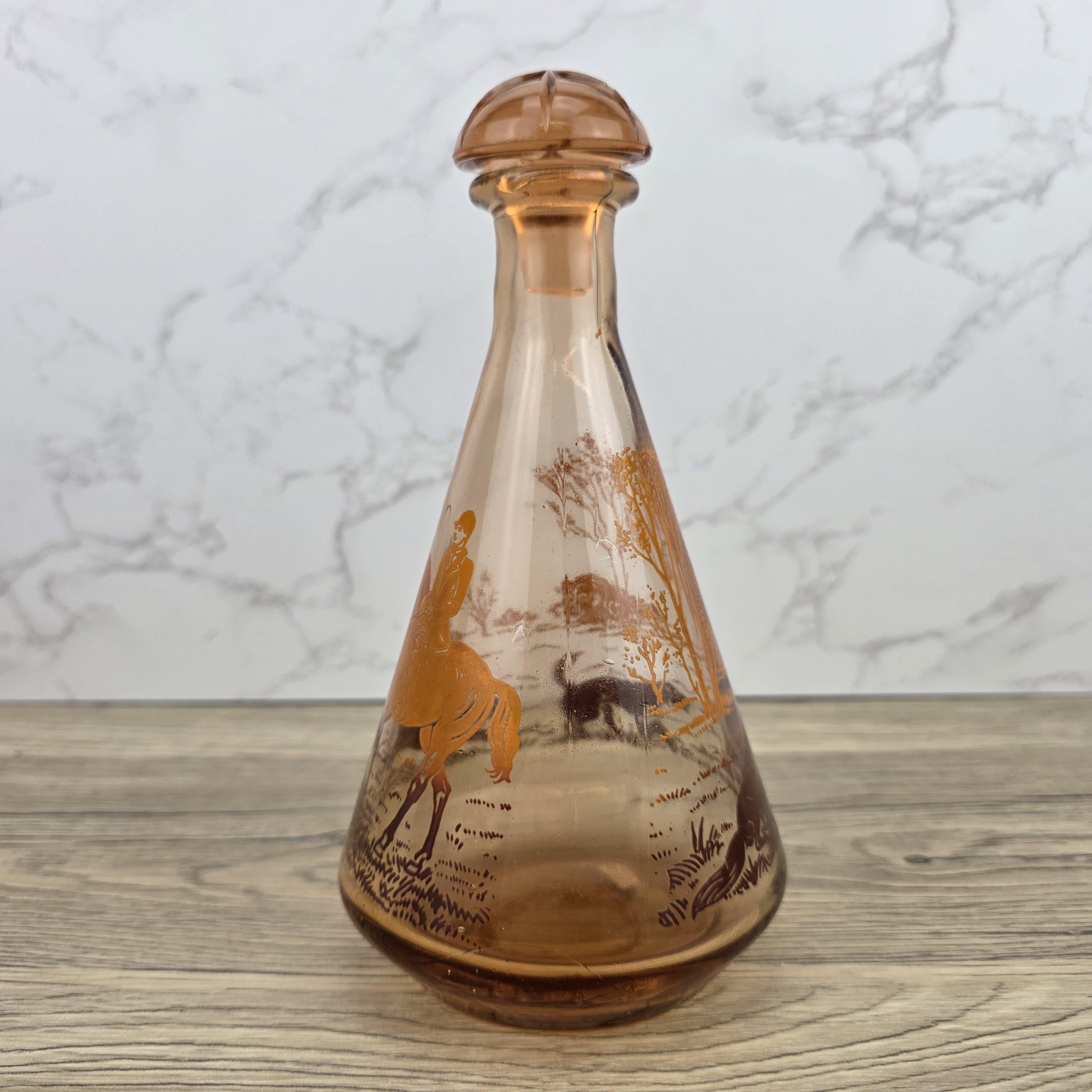 Vintage Amber Glass Decanter with Stopper | Fox Hunting Scene | Mid Century Bar Display Bottle