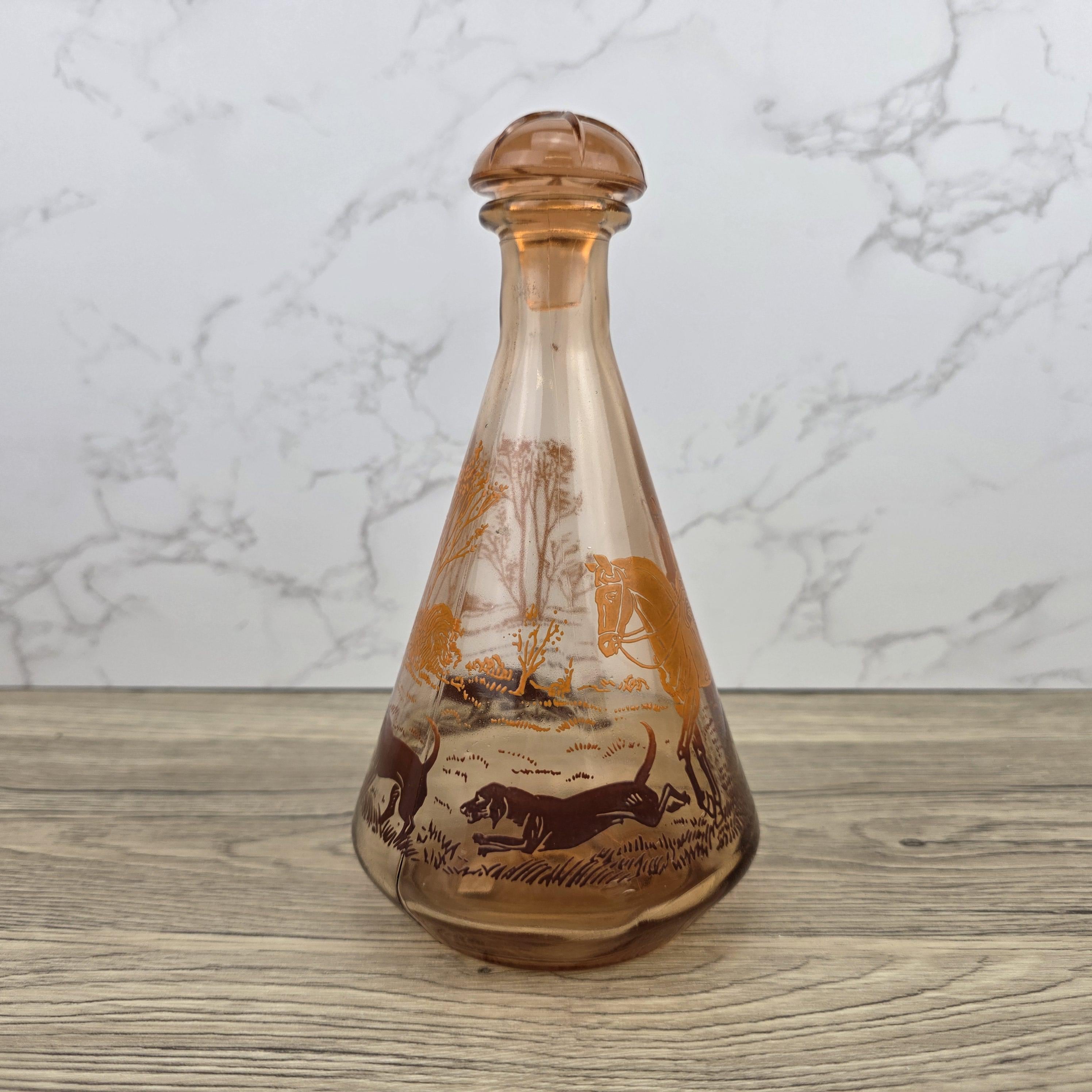 Vintage Amber Glass Decanter with Stopper | Fox Hunting Scene | Mid Century Bar Display Bottle