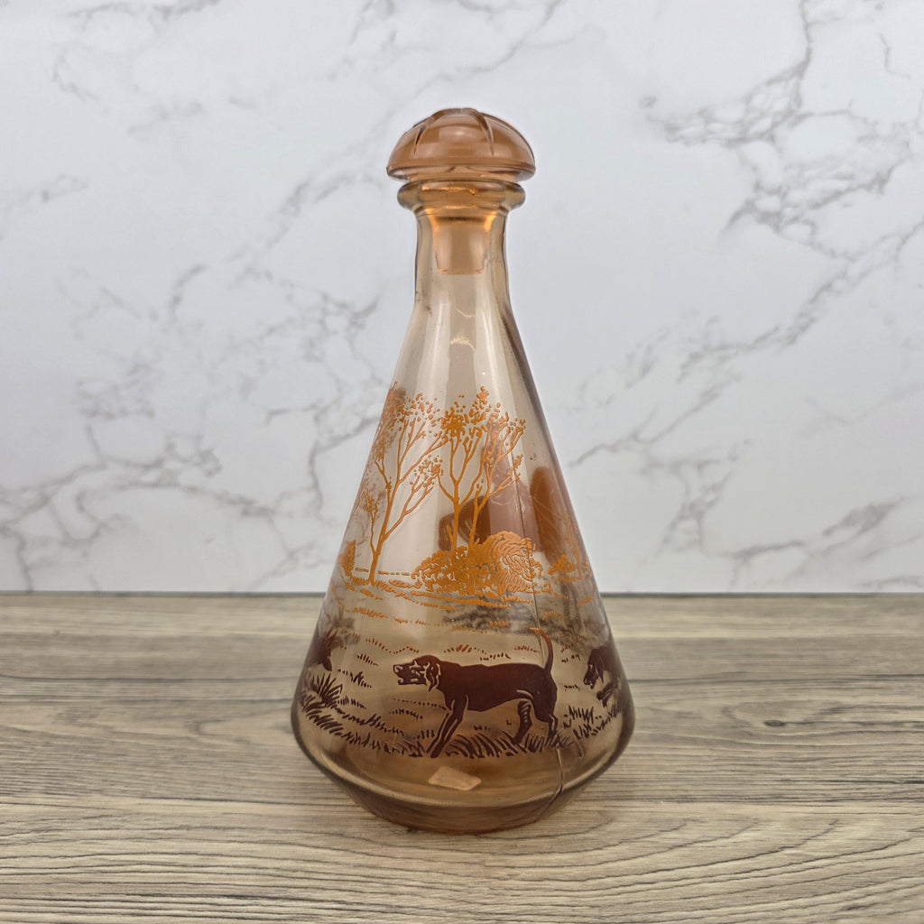 Vintage Amber Glass Decanter with Stopper | Fox Hunting Scene | Mid Century Bar Display Bottle