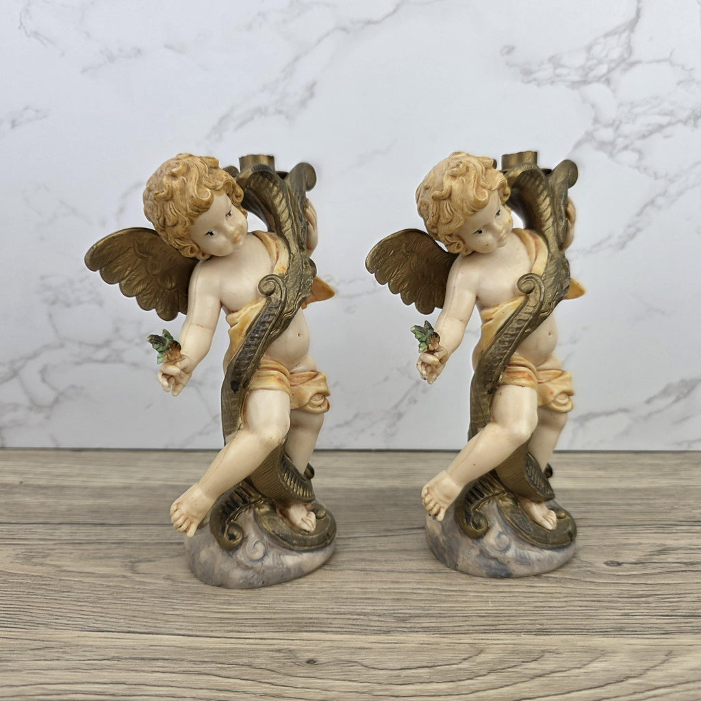 Italian Cherub Candle Holders Pair Model 5043 | Made in Italy | Vintage Resin Putti Candlesticks