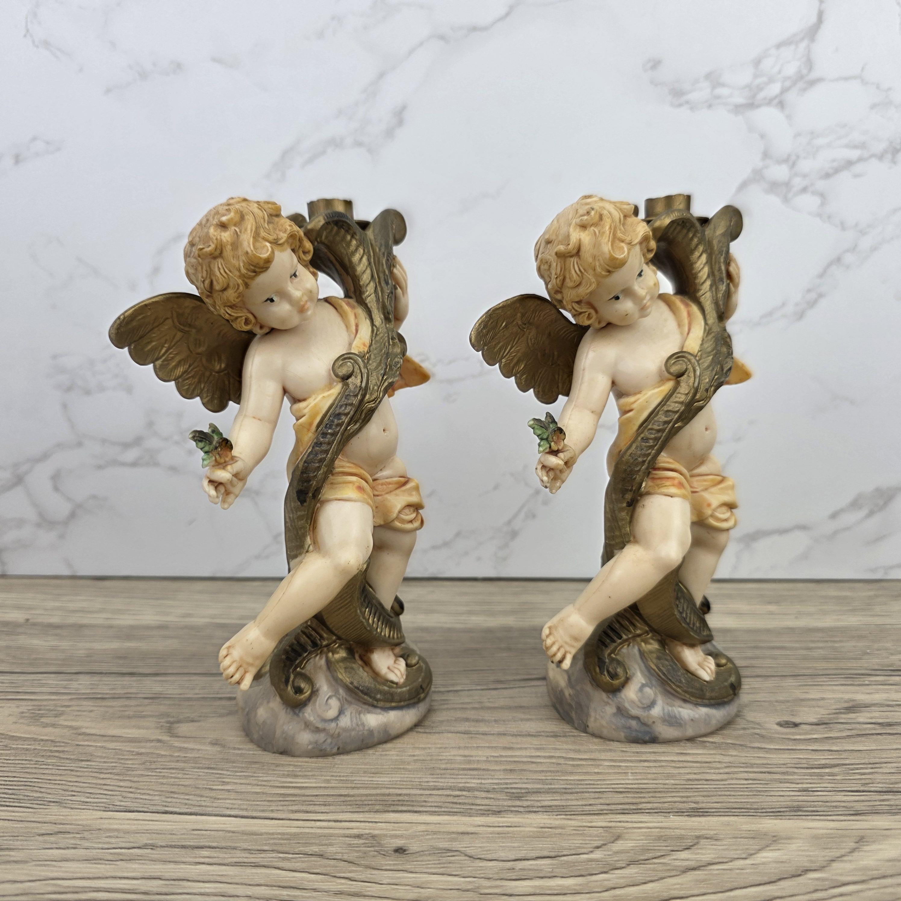 Italian Cherub Candle Holders Pair Model 5043 | Made in Italy | Vintage Resin Putti Candlesticks