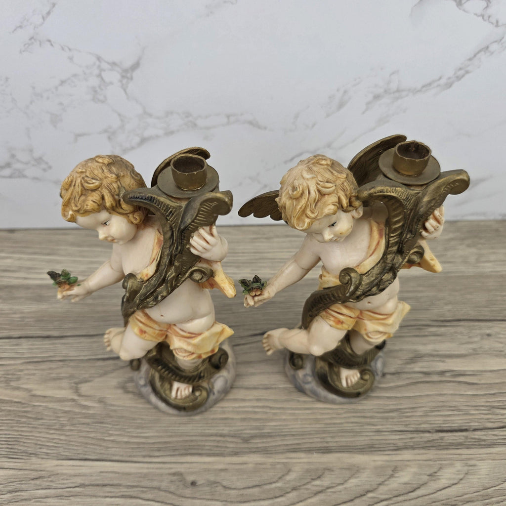 Italian Cherub Candle Holders Pair Model 5043 | Made in Italy | Vintage Resin Putti Candlesticks