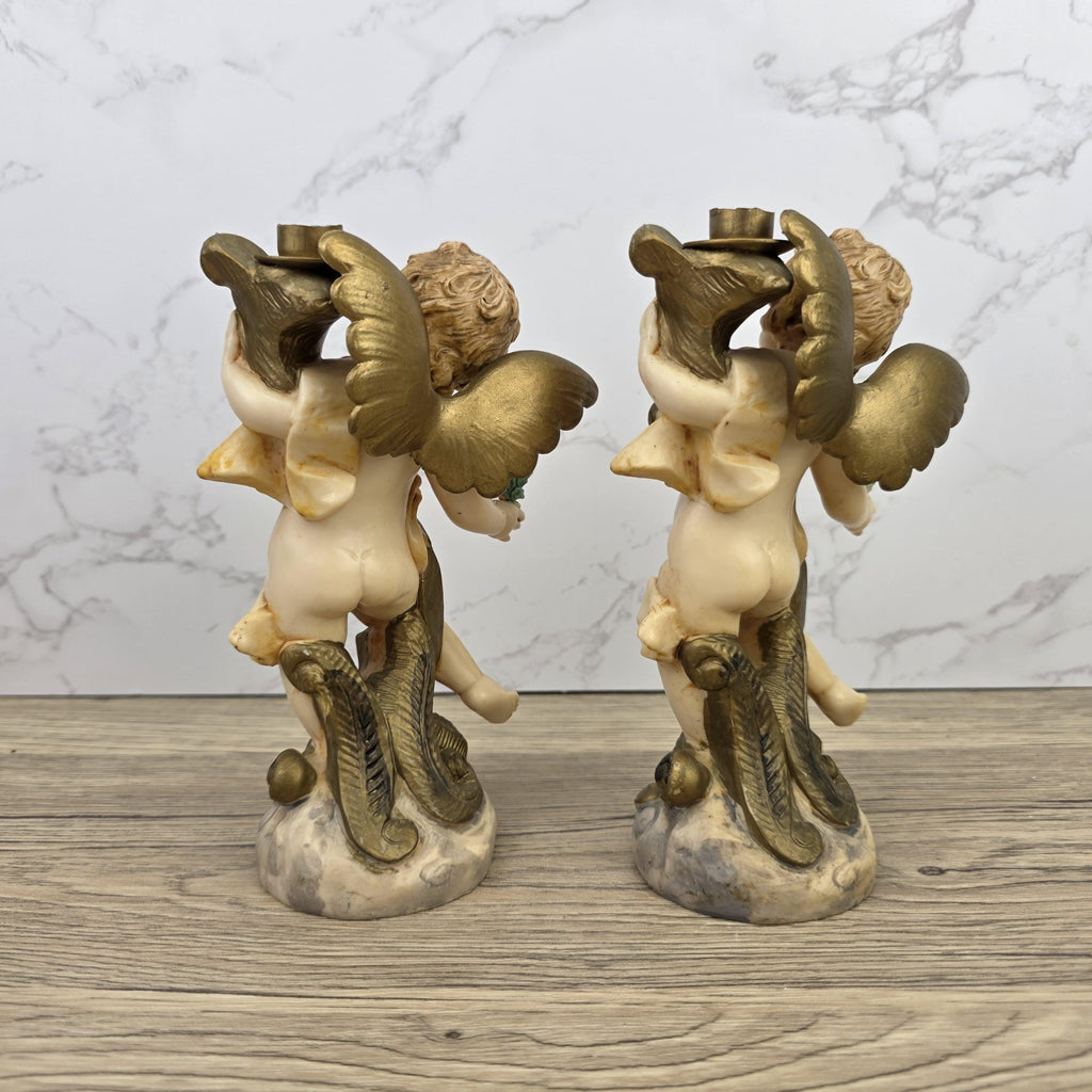 Italian Cherub Candle Holders Pair Model 5043 | Made in Italy | Vintage Resin Putti Candlesticks