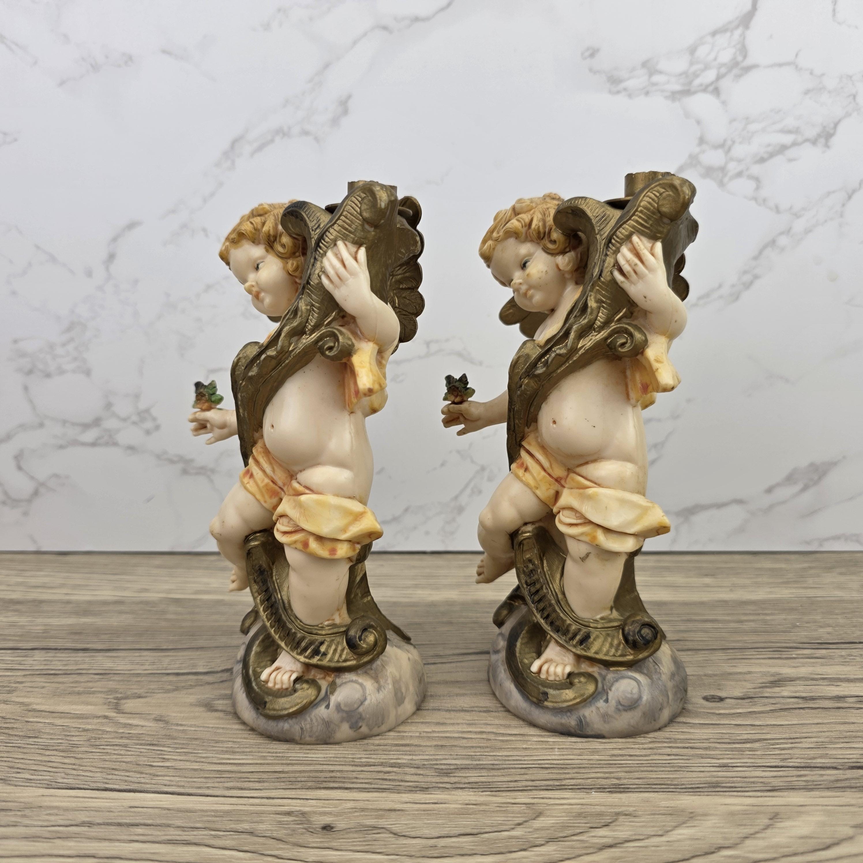 Italian Cherub Candle Holders Pair Model 5043 | Made in Italy | Vintage Resin Putti Candlesticks
