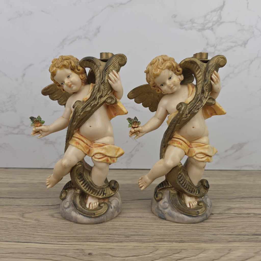 Italian Cherub Candle Holders Pair Model 5043 | Made in Italy | Vintage Resin Putti Candlesticks