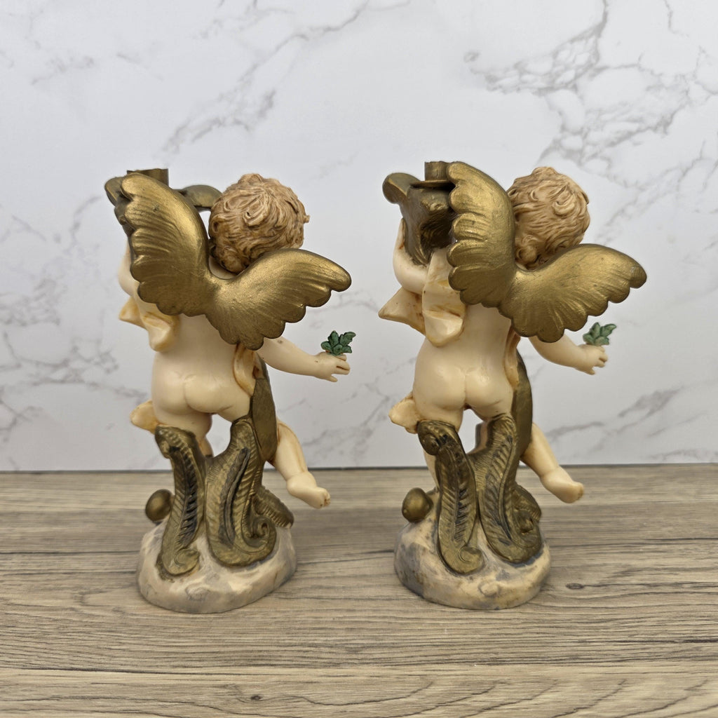 Italian Cherub Candle Holders Pair Model 5043 | Made in Italy | Vintage Resin Putti Candlesticks